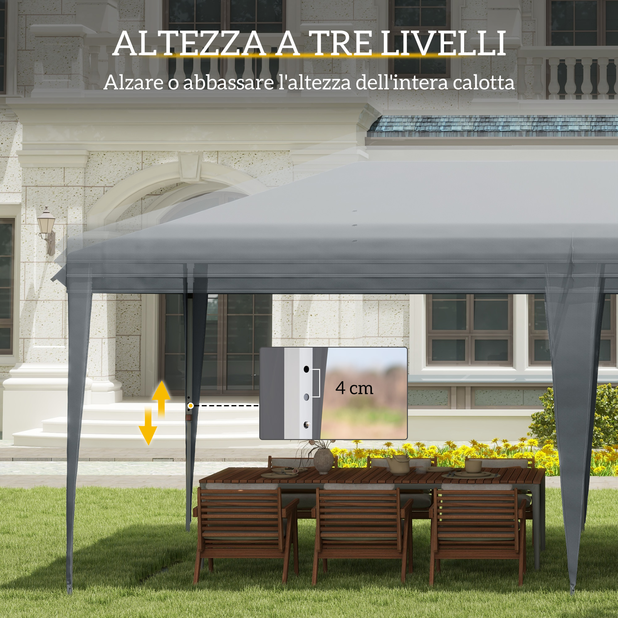 Una gazebo con altezza regolabile sopra un tavolo da giardino con sedie.