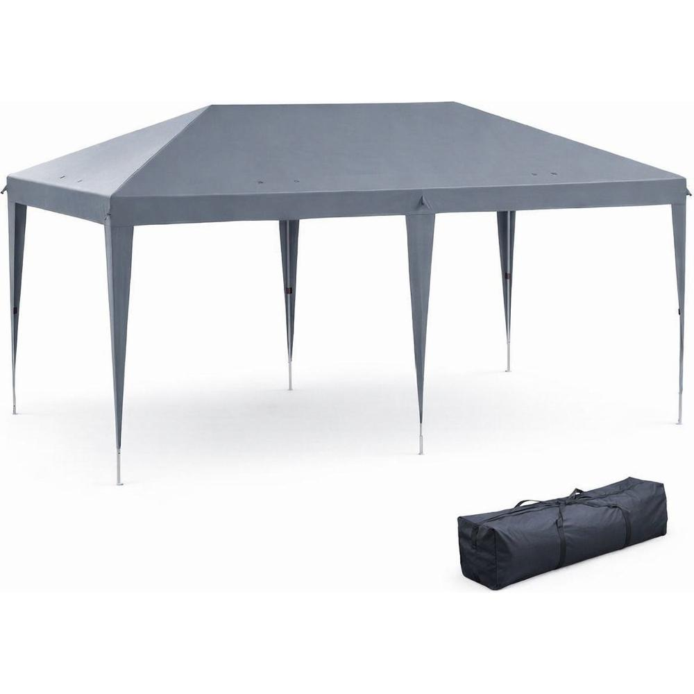 Una tenda a baldacchino grigia con sei gambe e una borsa.