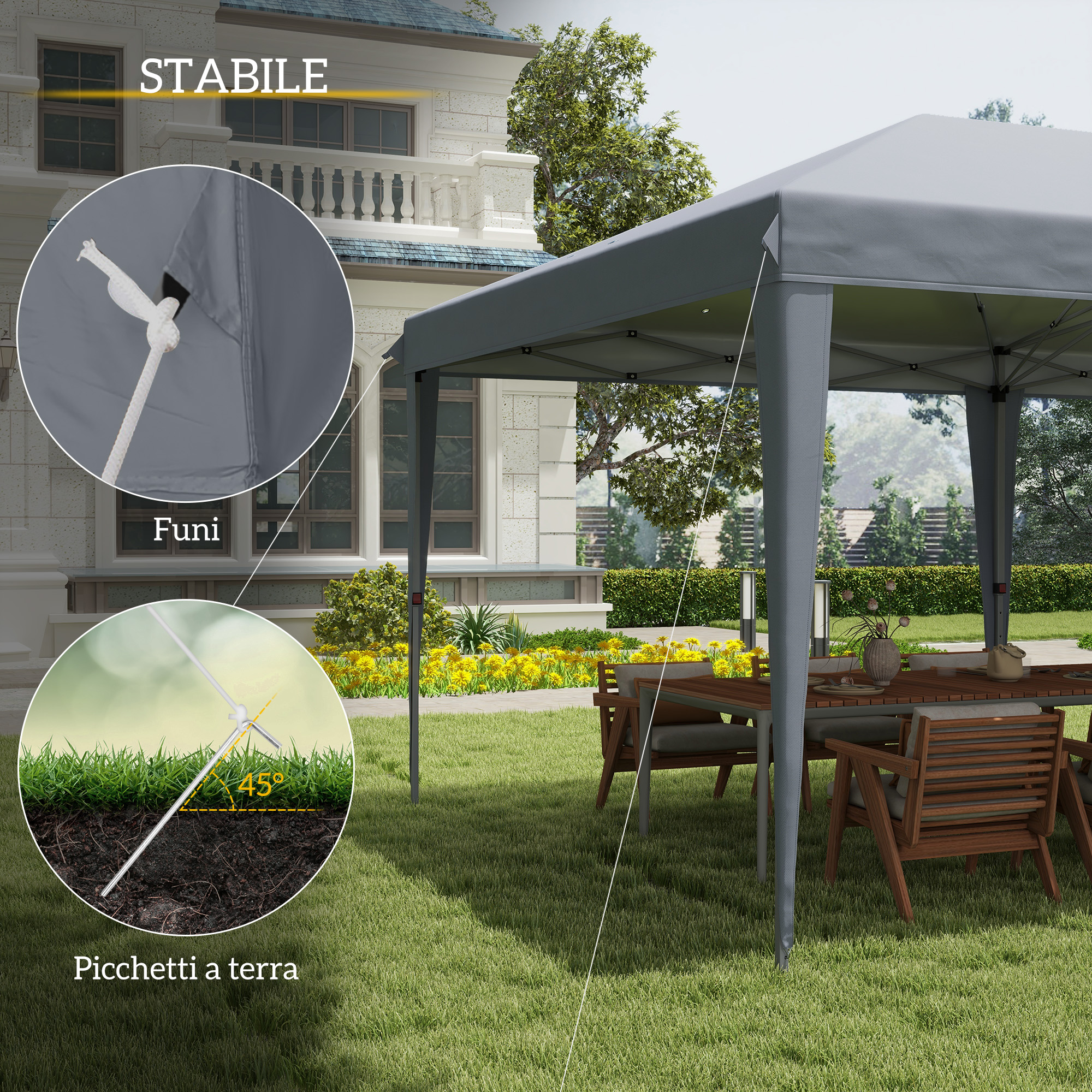 Tenda grigia con tavolo e sedie in giardino. Dettagli mostrano nodo corda e picchetto a terra.