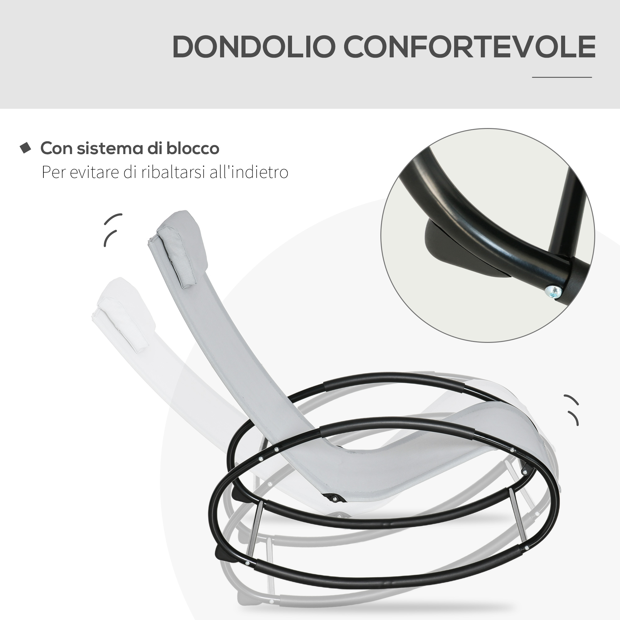 Una sedia a dondolo grigia con telaio in metallo nero e un cuscino.