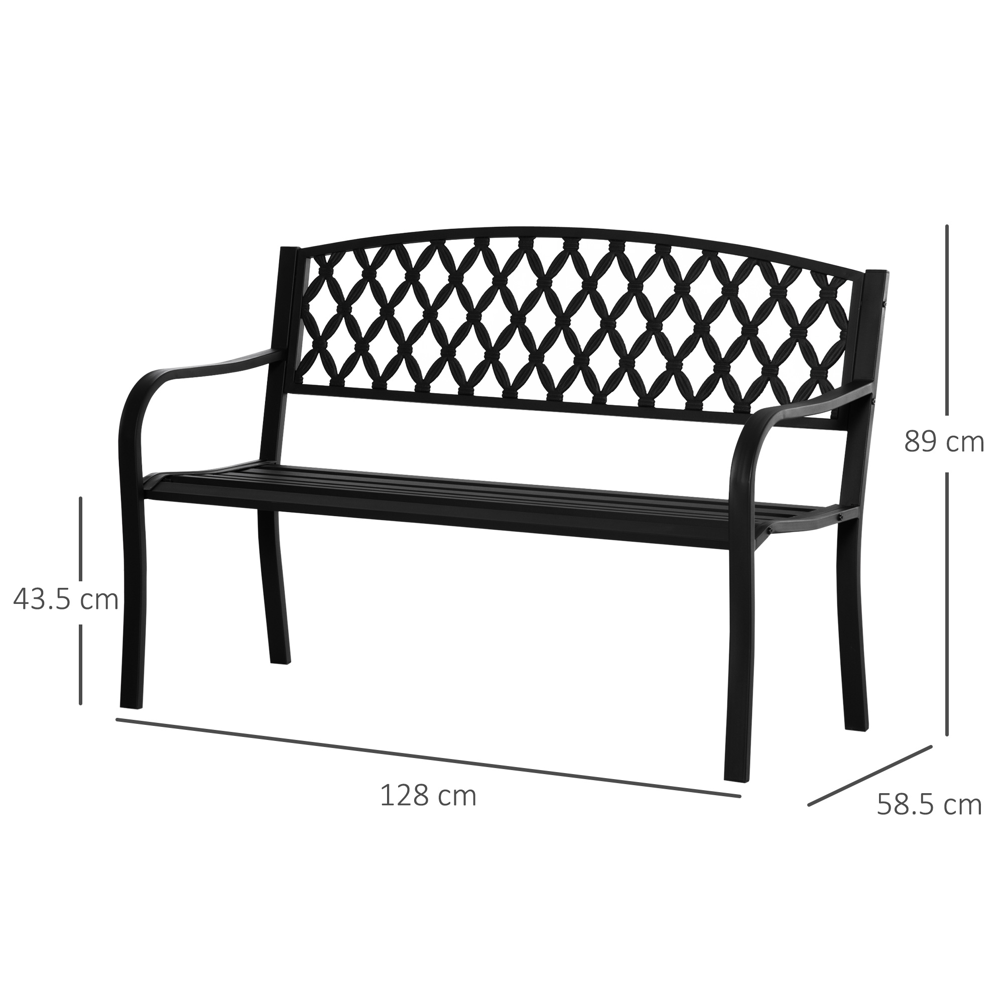 Una panchina da giardino in metallo nero con schienale decorativo e misure.