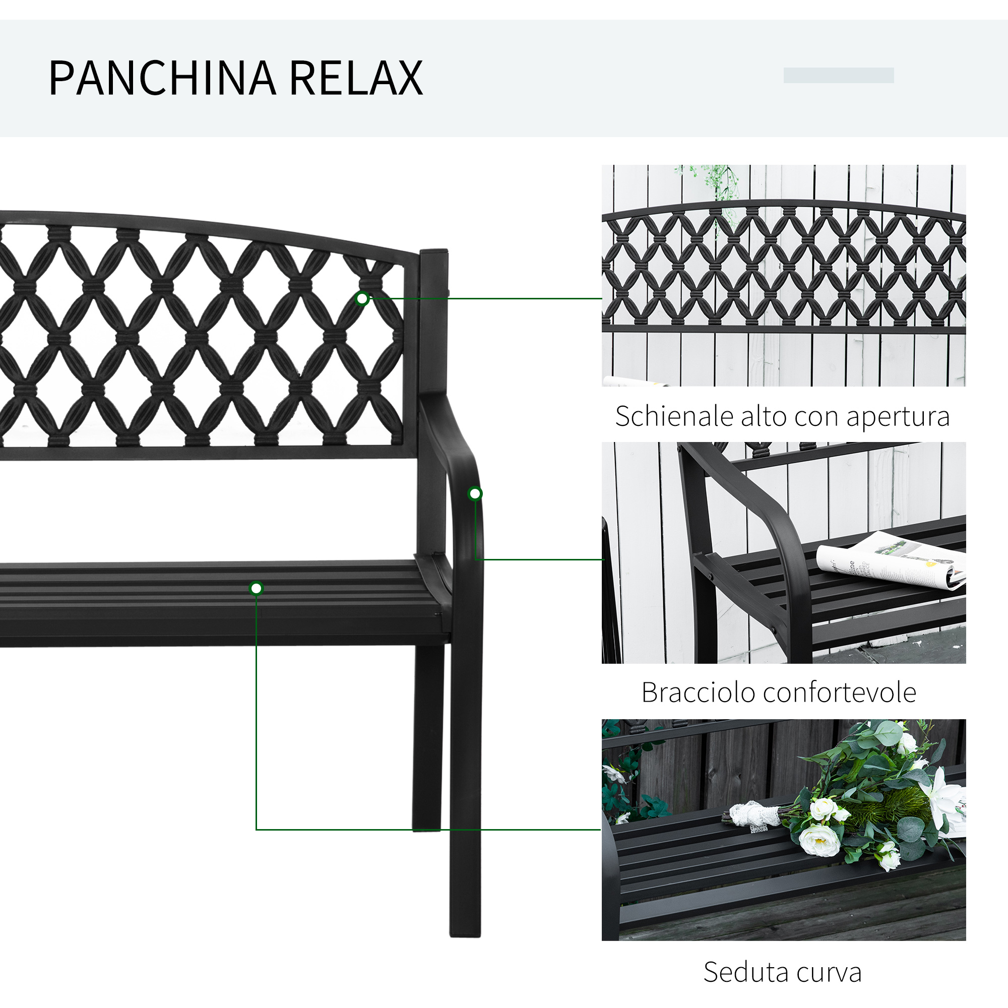 Panchina in metallo nero con schienale e braccioli a rombi.