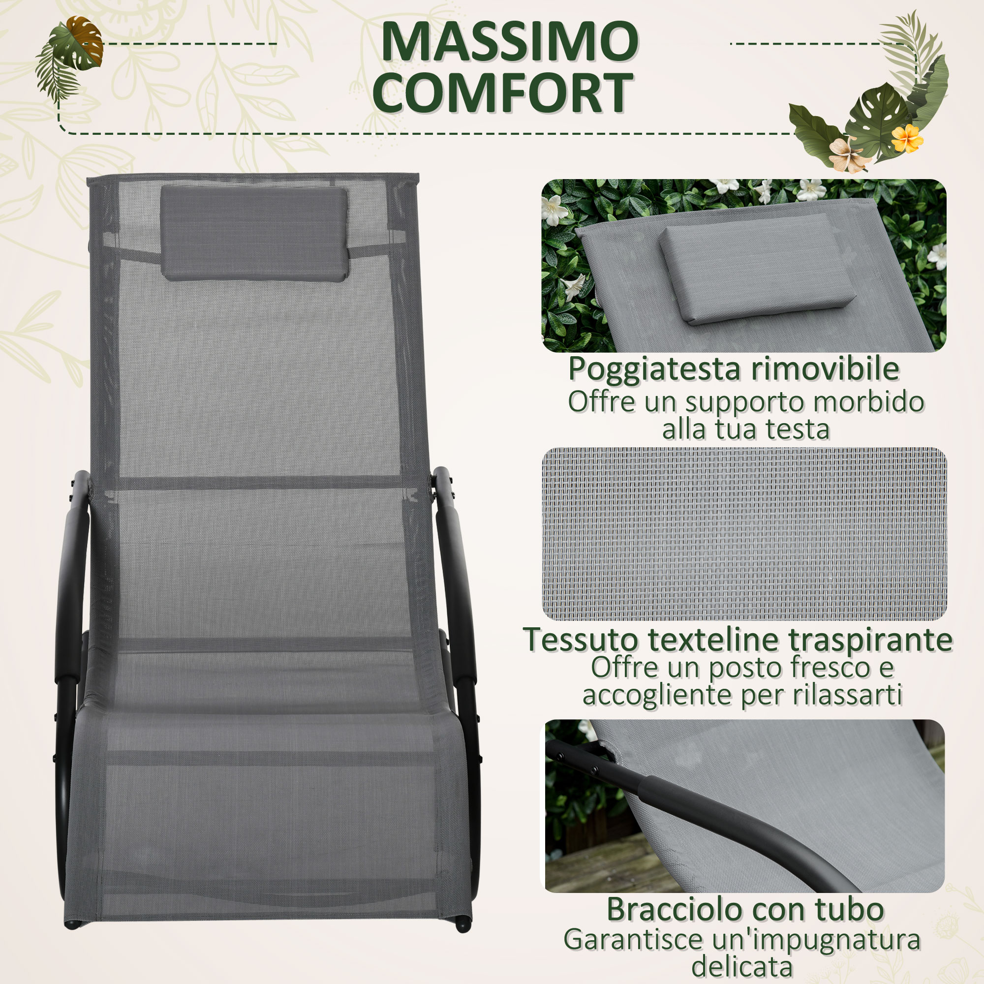 Sdraio grigio con poggiatesta rimovibile e tessuto textilene traspirante.