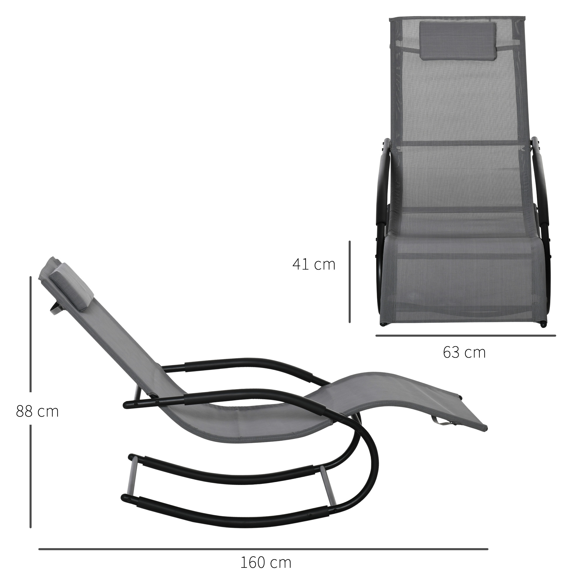 Sdraio grigio con cuscino e telaio in metallo, dimensioni indicate.