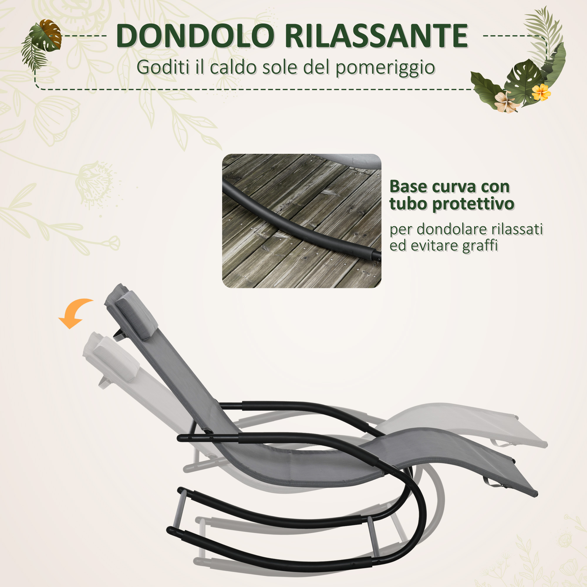Sdraio grigio a dondolo su pedana in legno. Base curva con tubo protettivo.