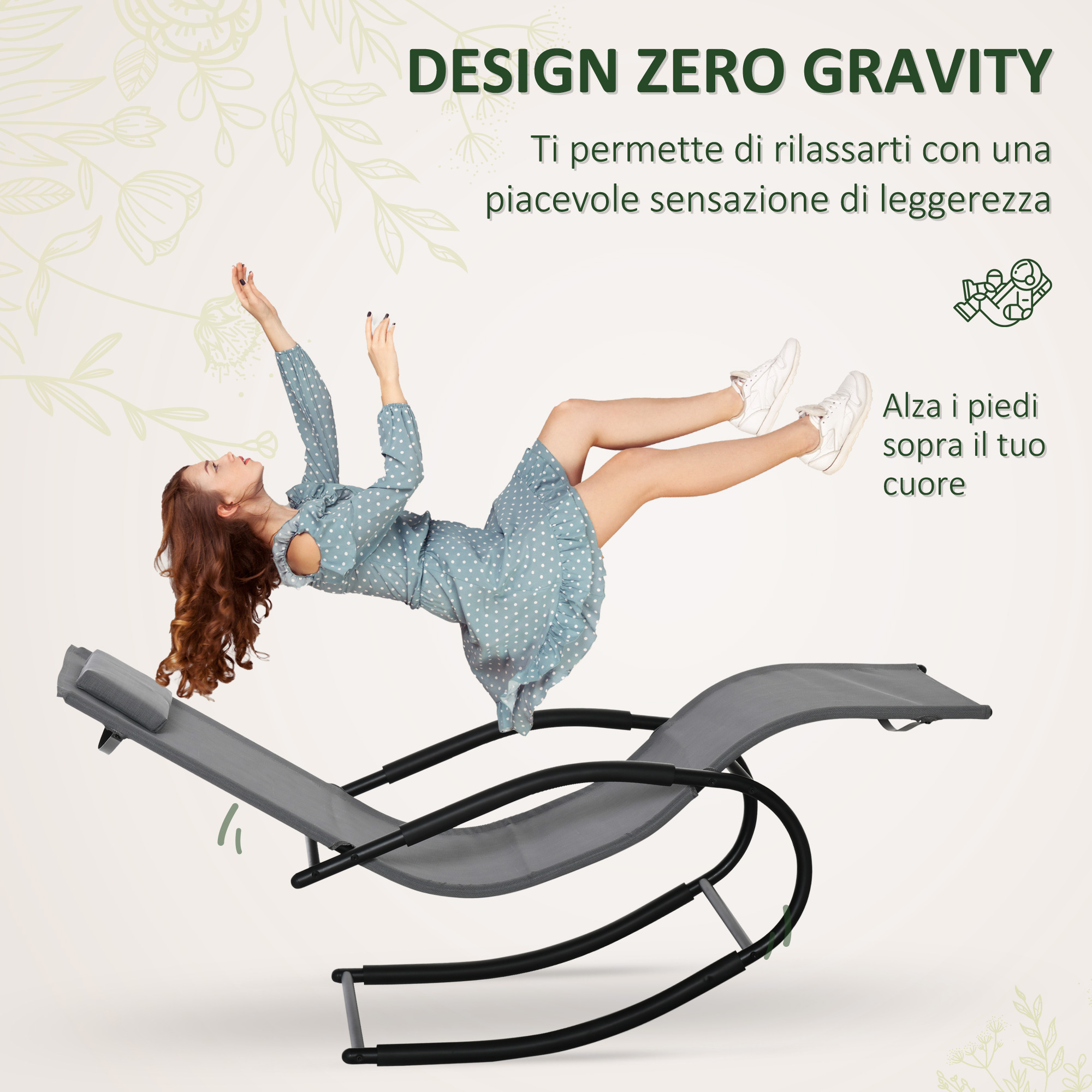 Donna fluttua sopra sdraio grigio con motivo floreale sullo sfondo.