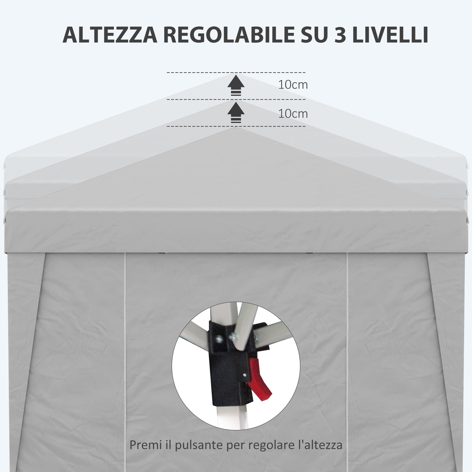 Tenda grigia con gambe regolabili in altezza.