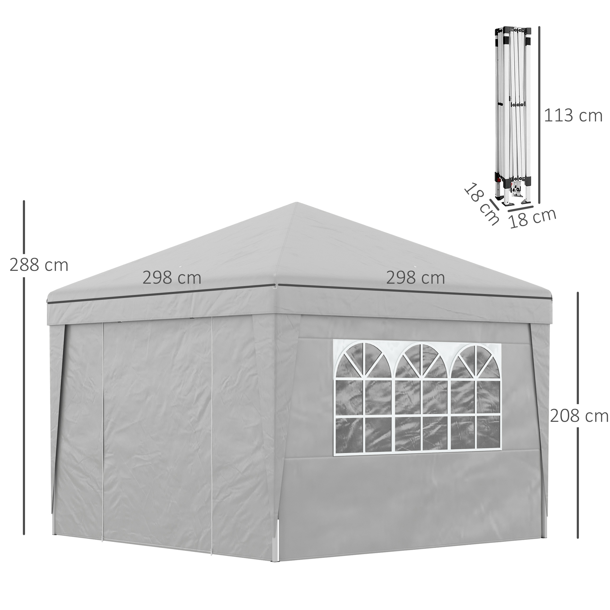 Una tenda grigia con finestre, dimensioni indicate.