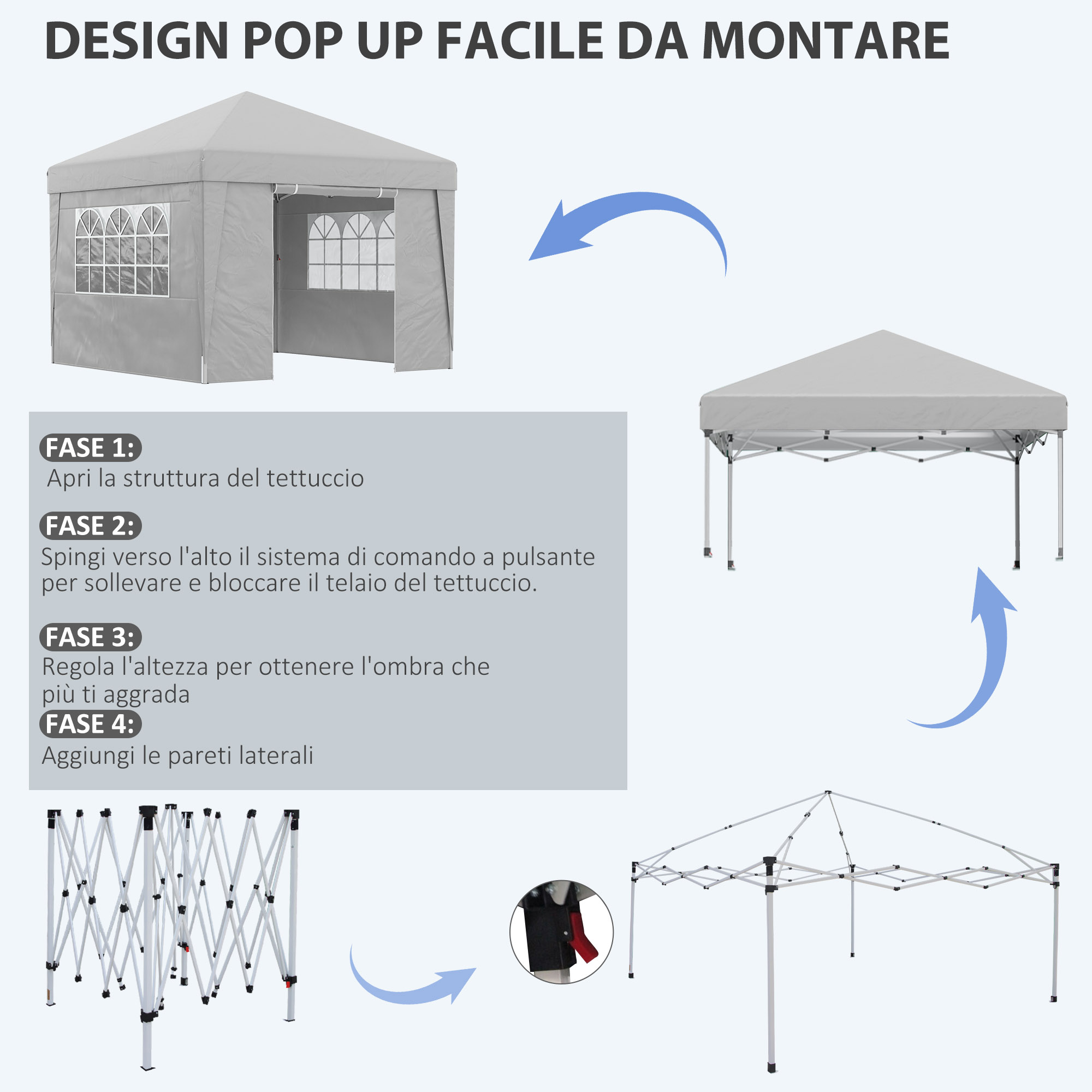 Una tenda pop-up grigia con finestre, istruzioni di montaggio.