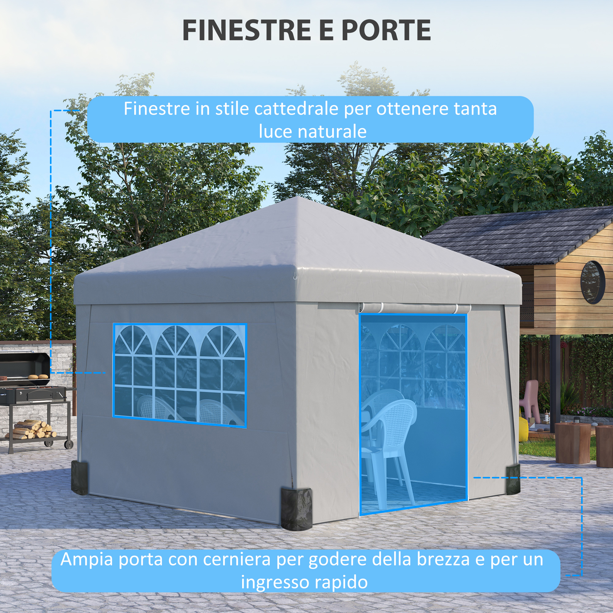 Tenda grigia con finestre e porta, vicino a griglia e casa sull'albero.