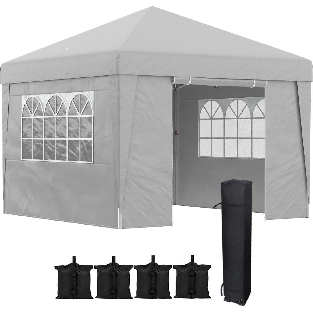 Tenda grigia con finestre e pesi a terra.