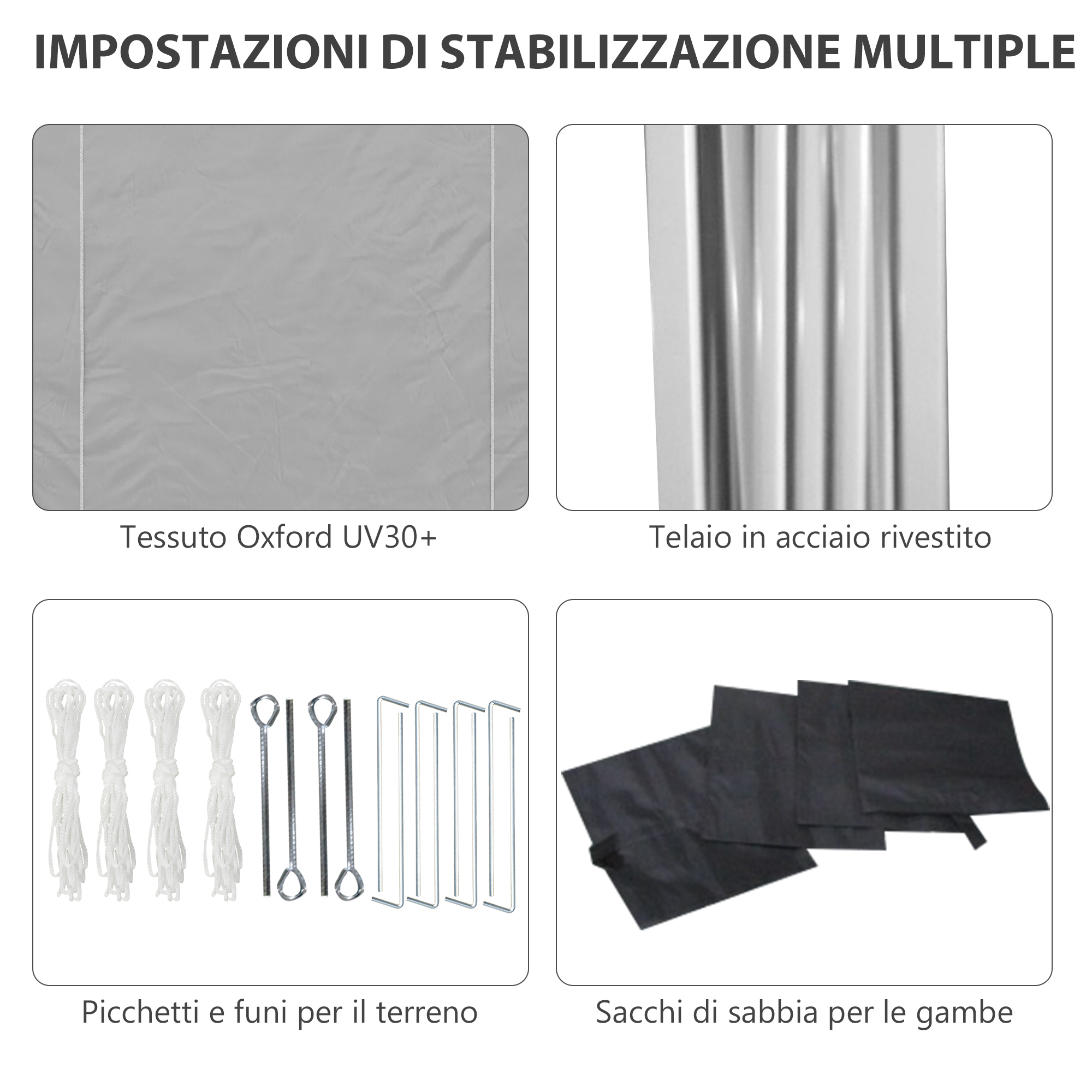 Quattro immagini mostrano parti di tenda: tessuto grigio, telaio metallico, picchetti e funi, sacchi di sabbia.
