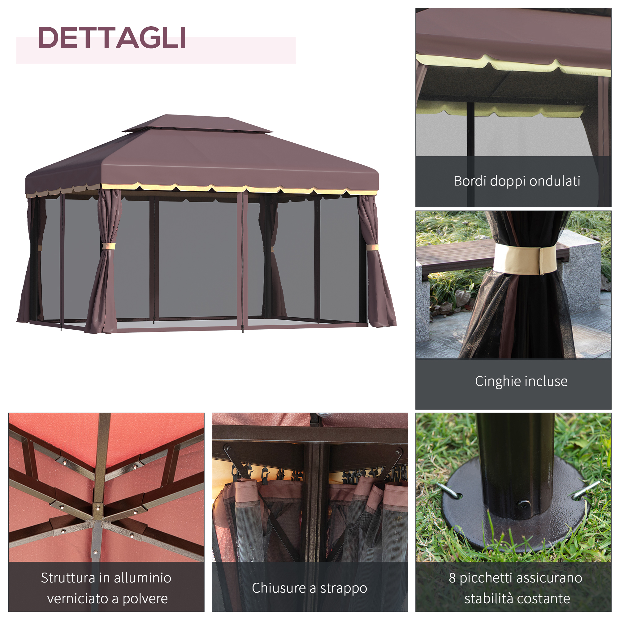 Un gazebo marrone con tende in rete e bordi ondulati, dettagli strutturali.