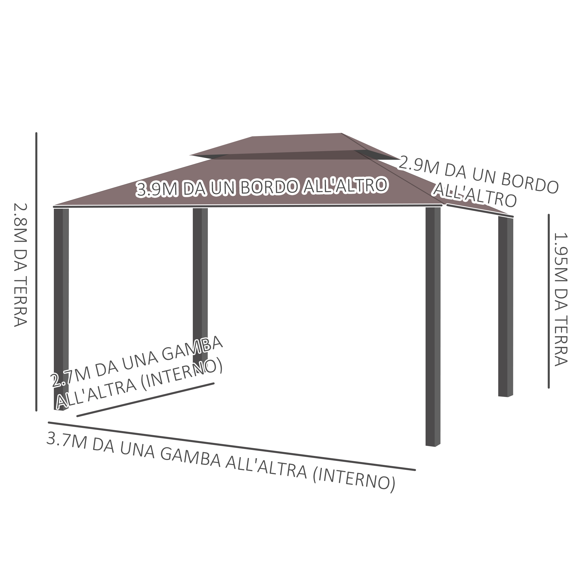 Diagramma di un gazebo con dimensioni di larghezza, altezza e profondità.