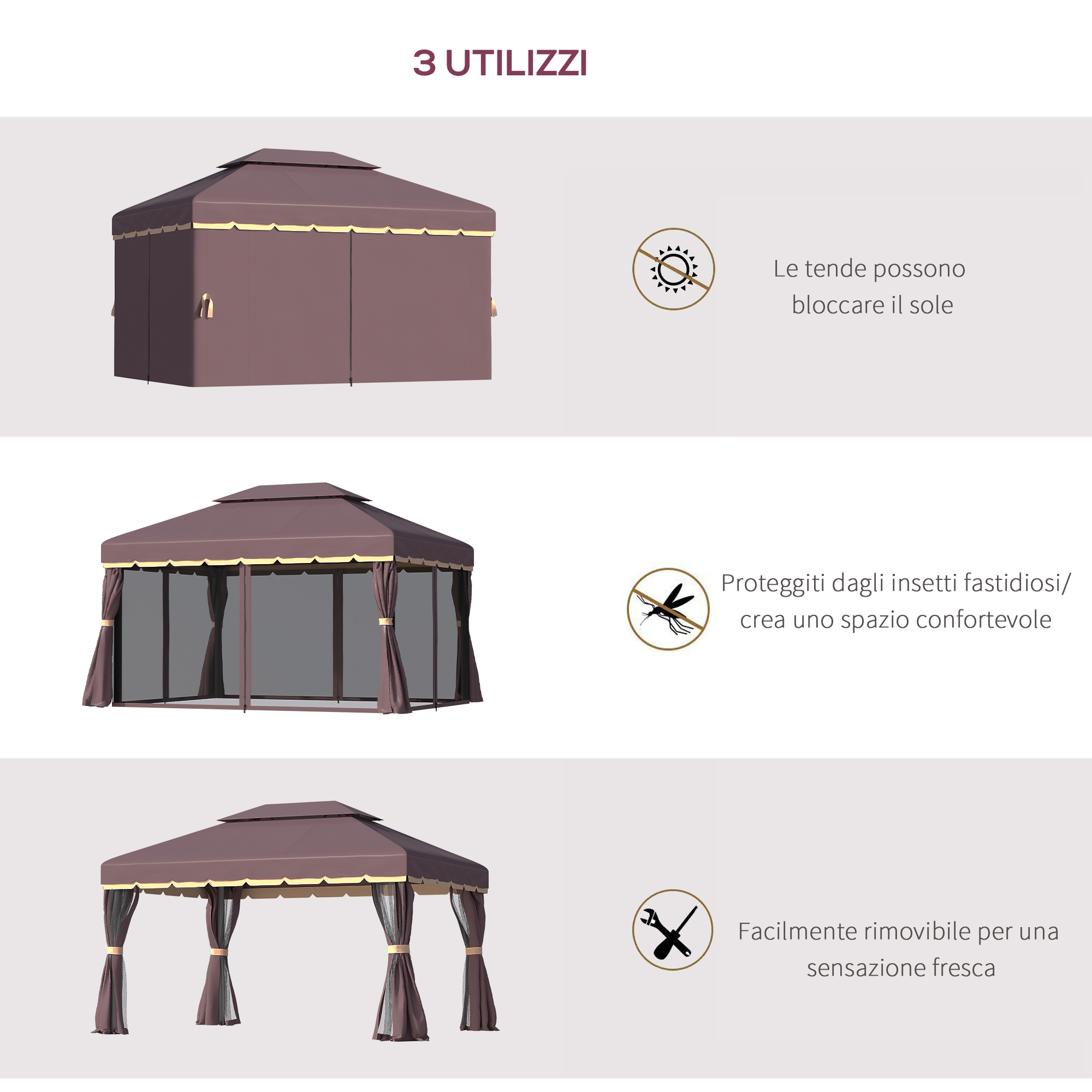 Un gazebo marrone con tre utilizzi: protezione solare, protezione insetti e aperto.