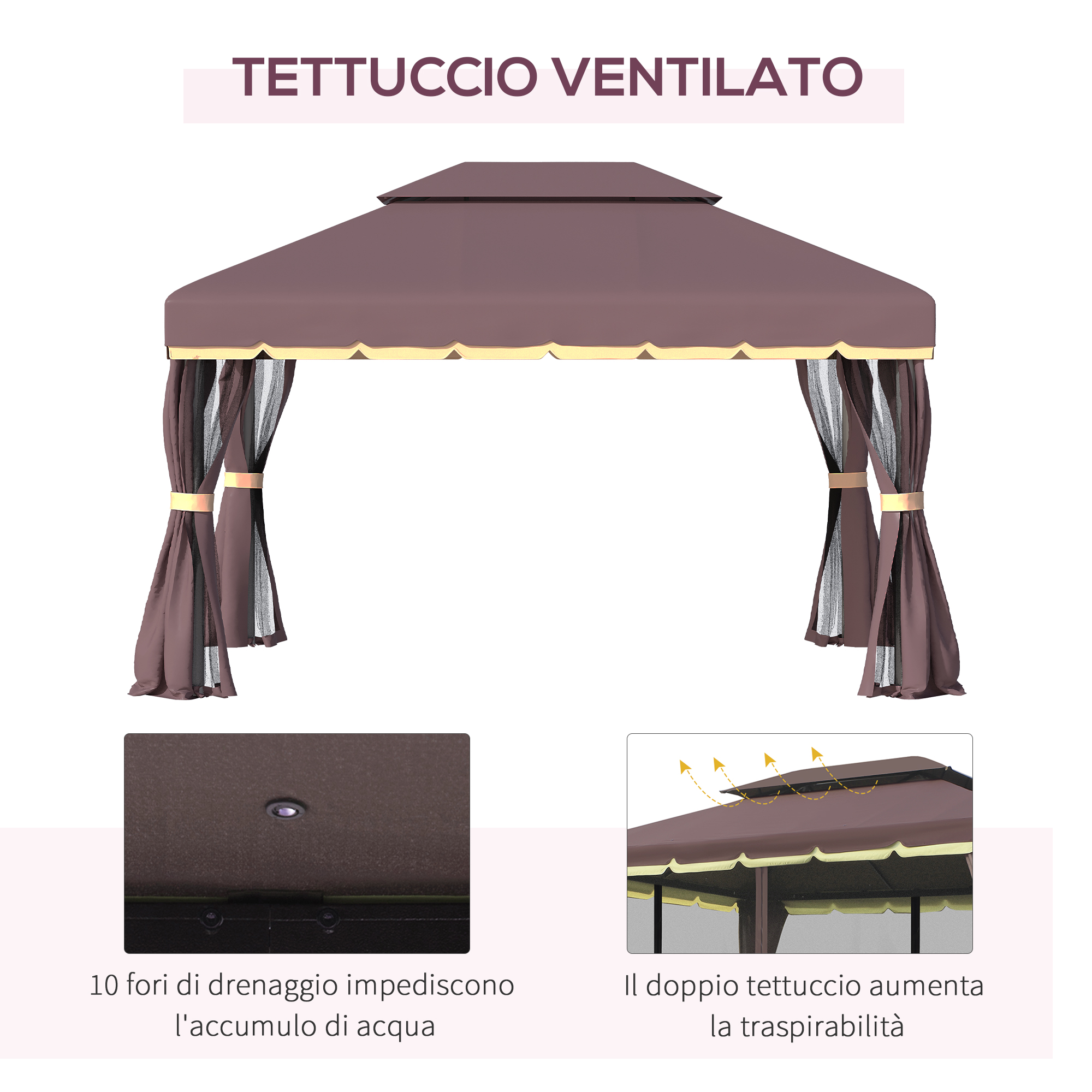 Tetto marrone per gazebo con tende. Dettagli mostrano fori di drenaggio e ventilazione.