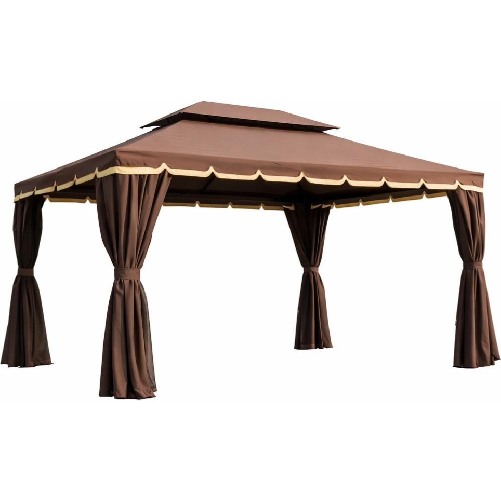 Un gazebo marrone con tende e tetto a due livelli.