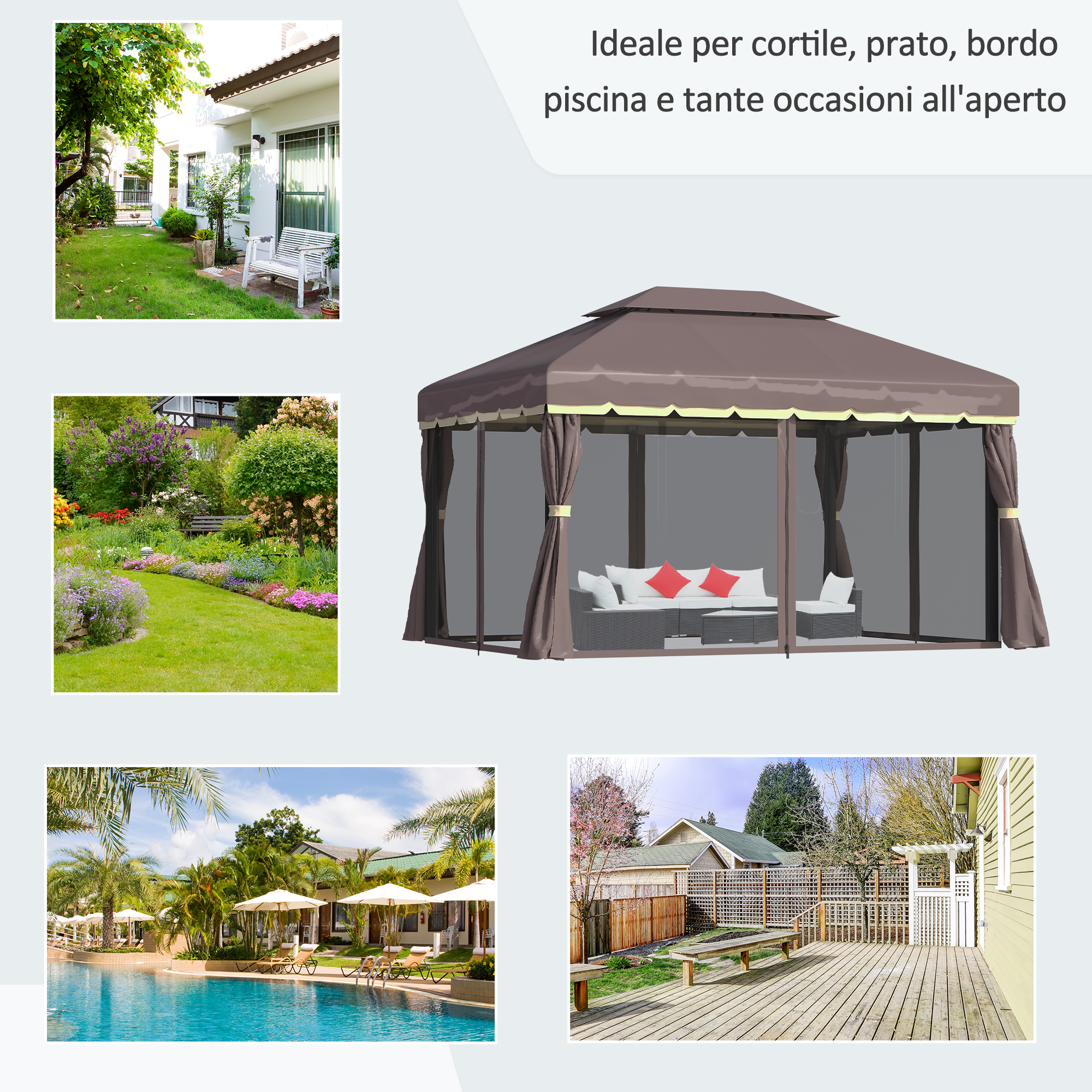 Un gazebo con mobili e tende, accanto a un giardino fiorito e una piscina.