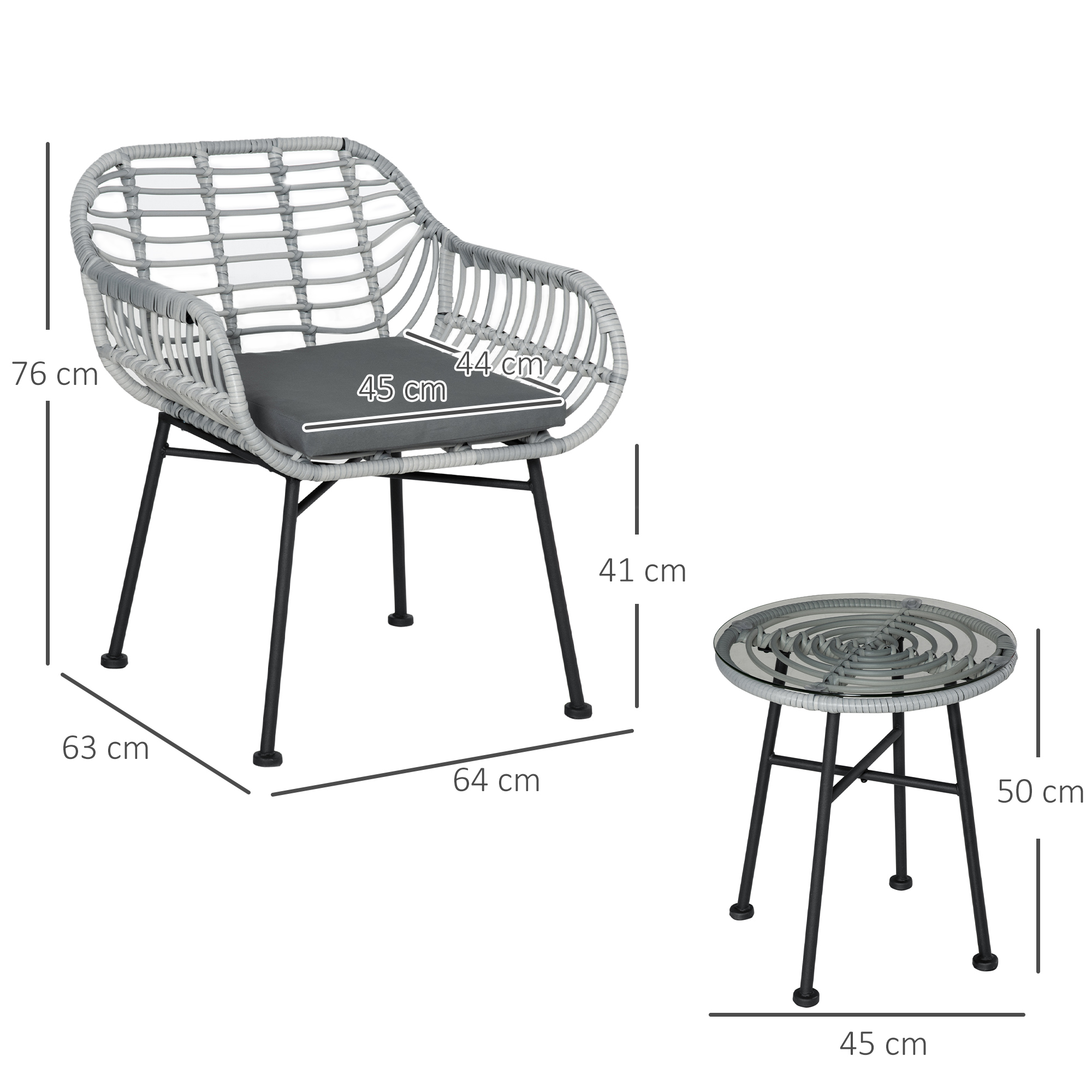 Sedia in rattan grigio con cuscino e tavolo. Dimensioni indicate.