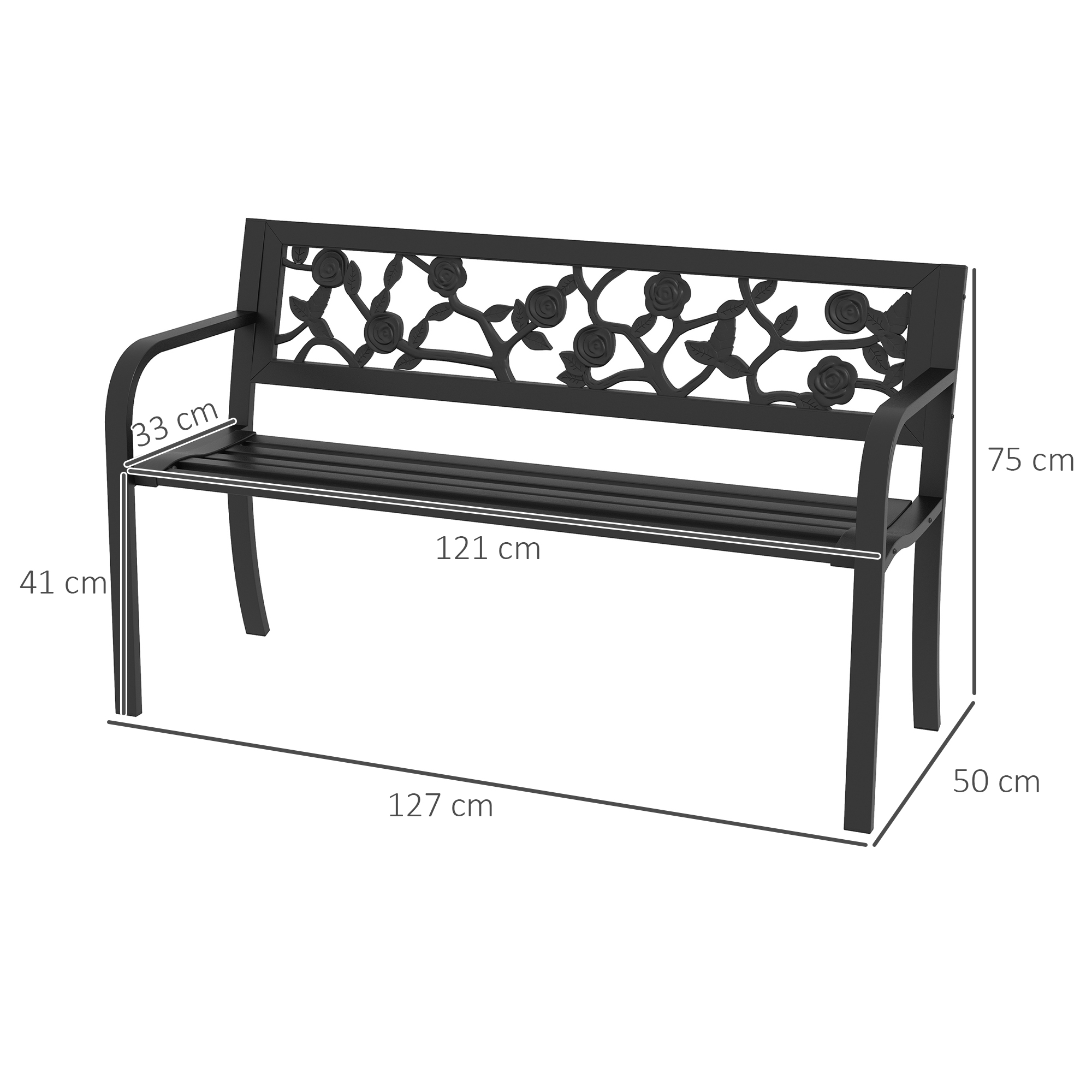 Panchina da giardino nera con motivo floreale, dimensioni: 127x50x75 cm.