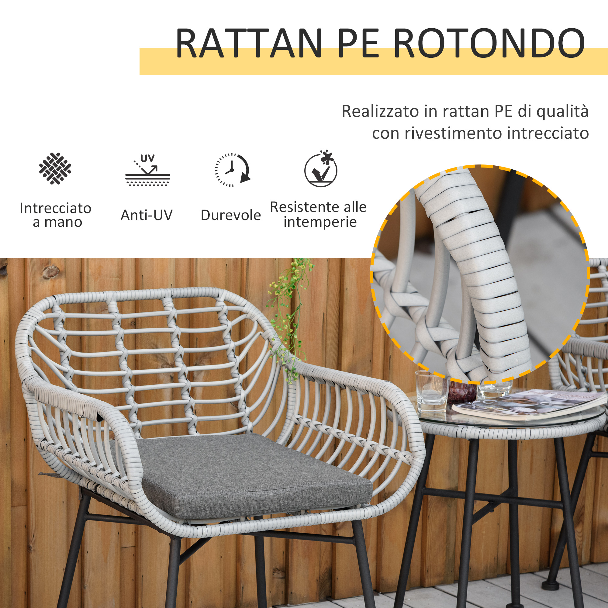 Sedia in rattan grigio con cuscino davanti a parete in legno, con icone per protezione UV.