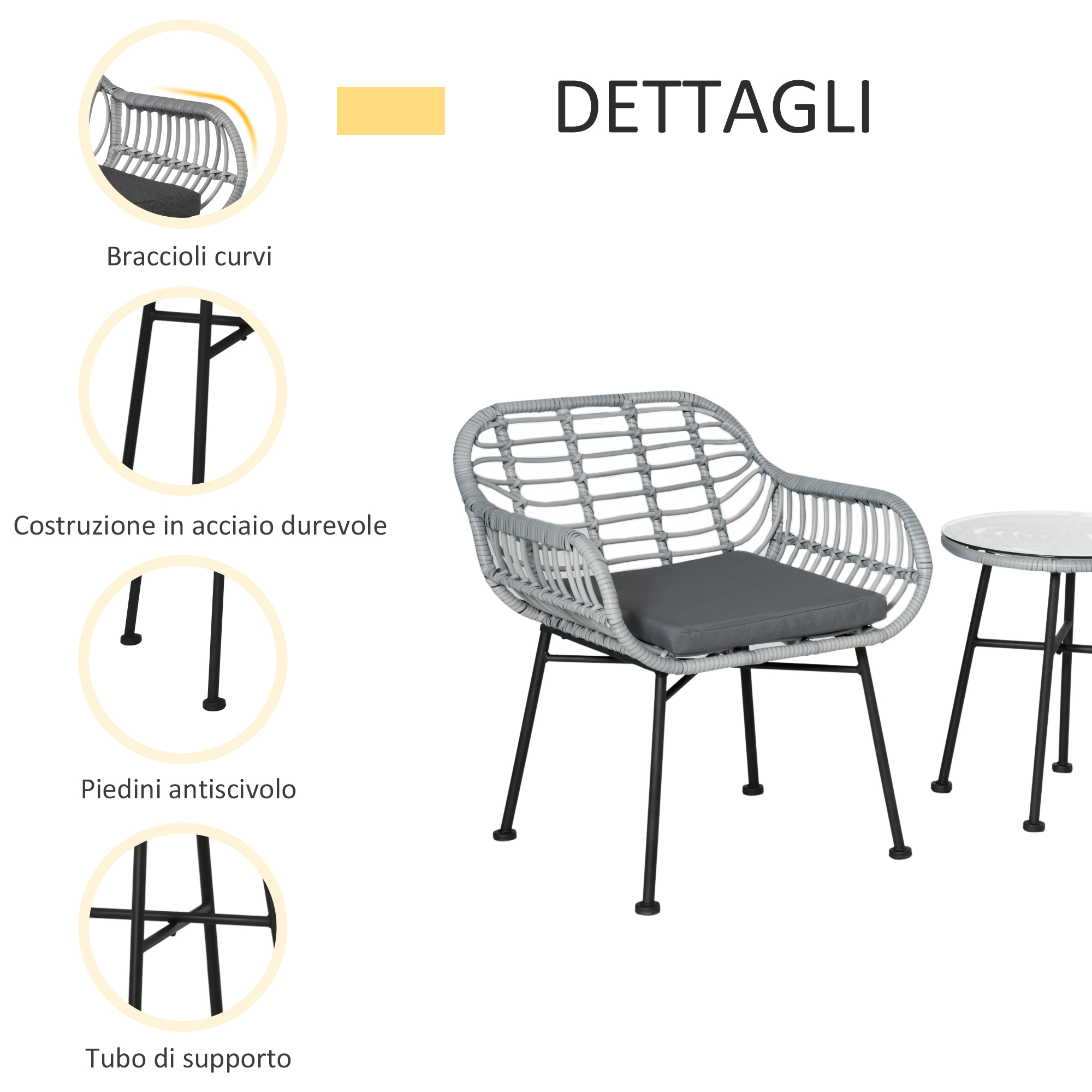 Sedia in rattan grigio con cuscino scuro e tavolino con piano in vetro.