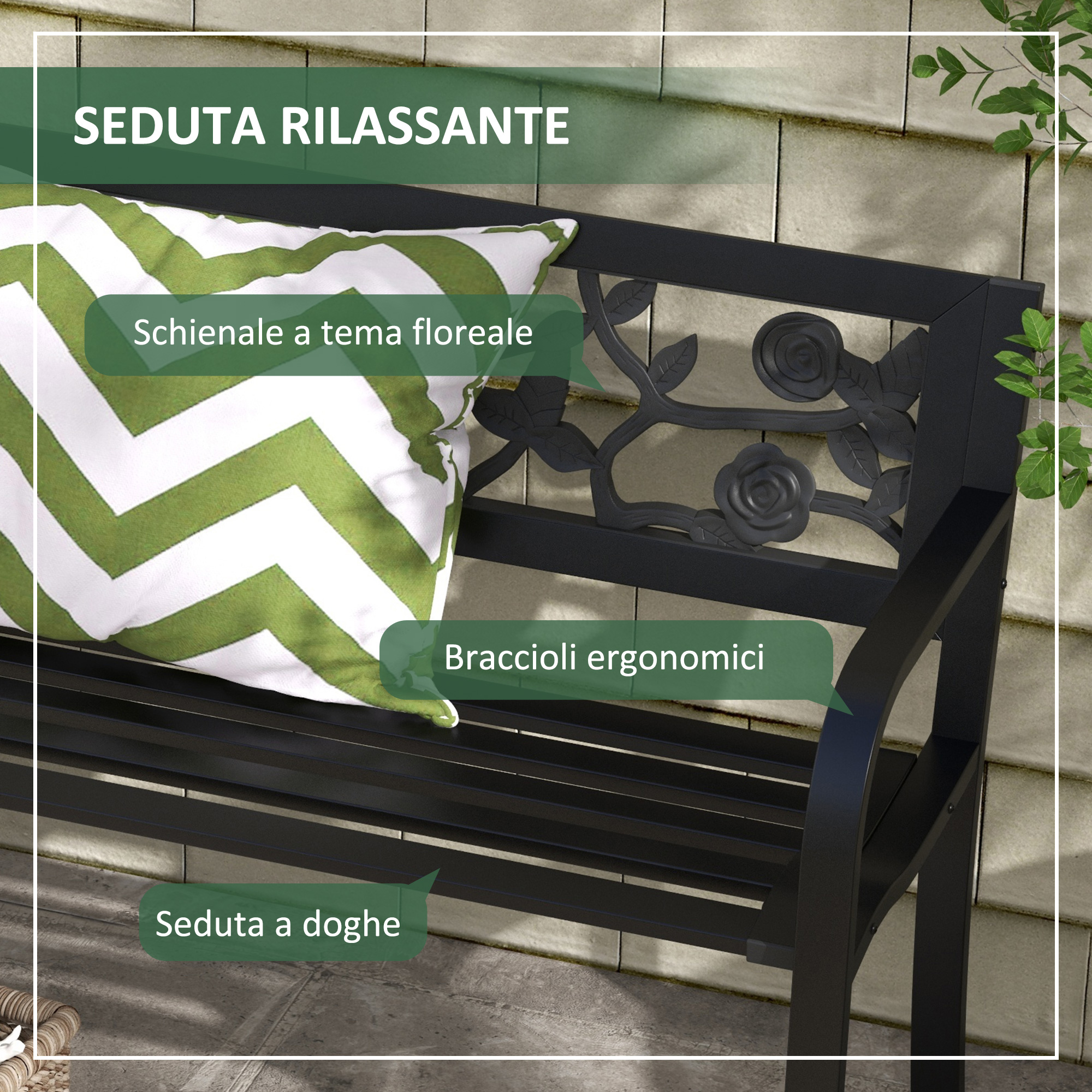Panca da parco nera con disegno floreale e cuscino verde.