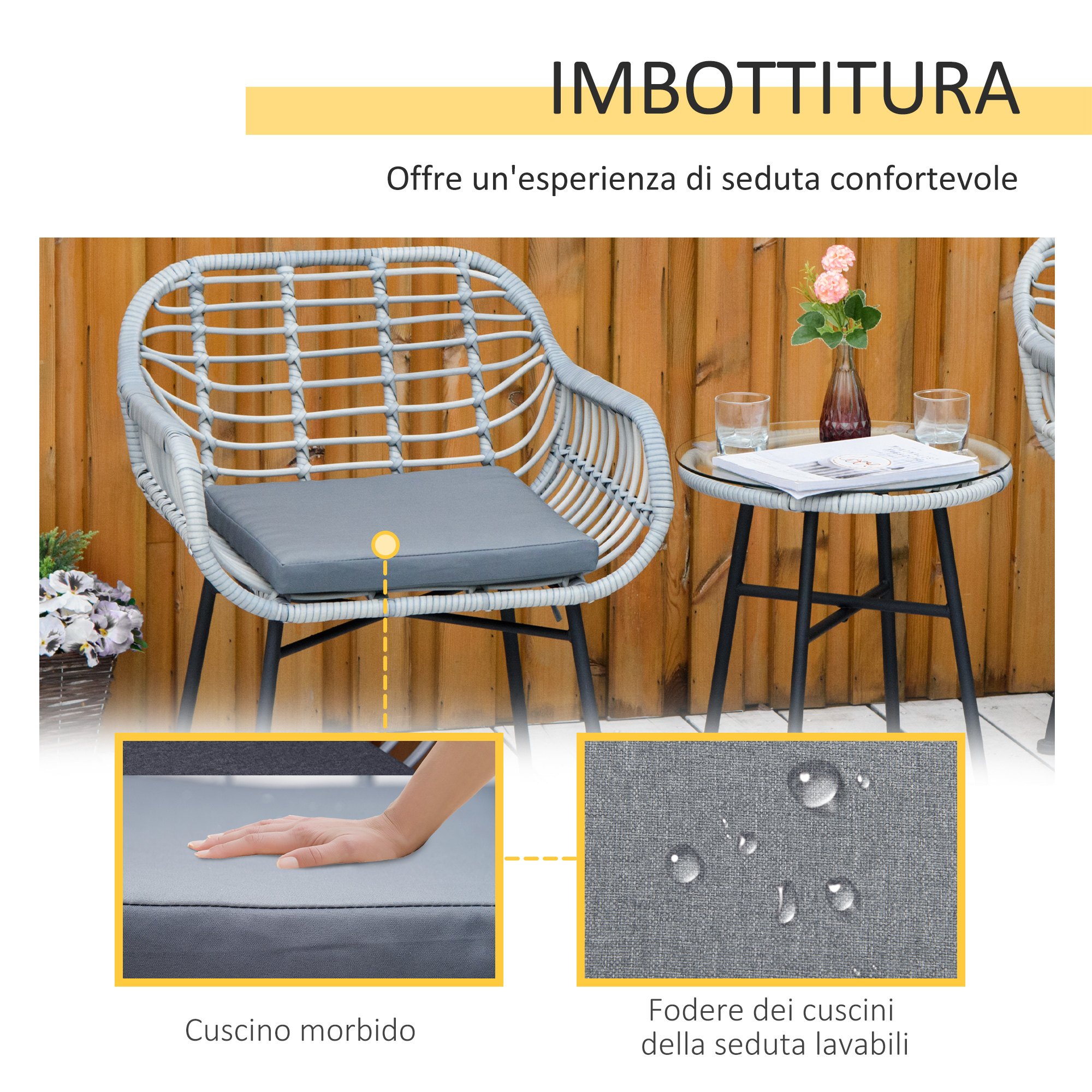 Sedia in rattan grigio con cuscino davanti a parete in legno. Tavolino con bicchieri.