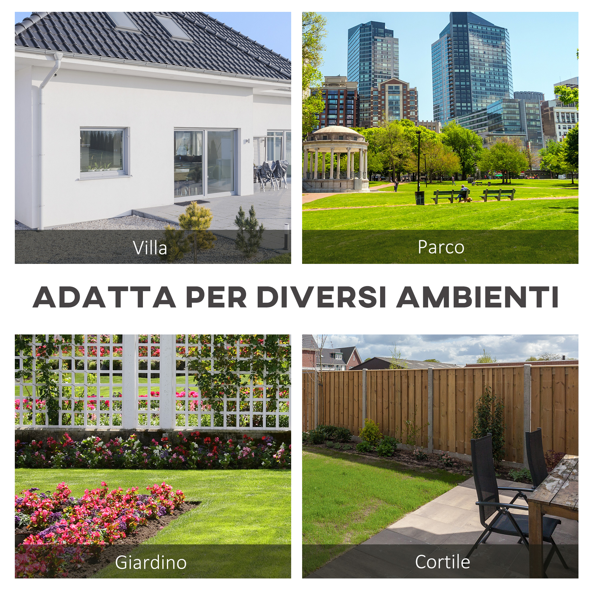 Un collage di quattro immagini: villa, parco, giardino e cortile.