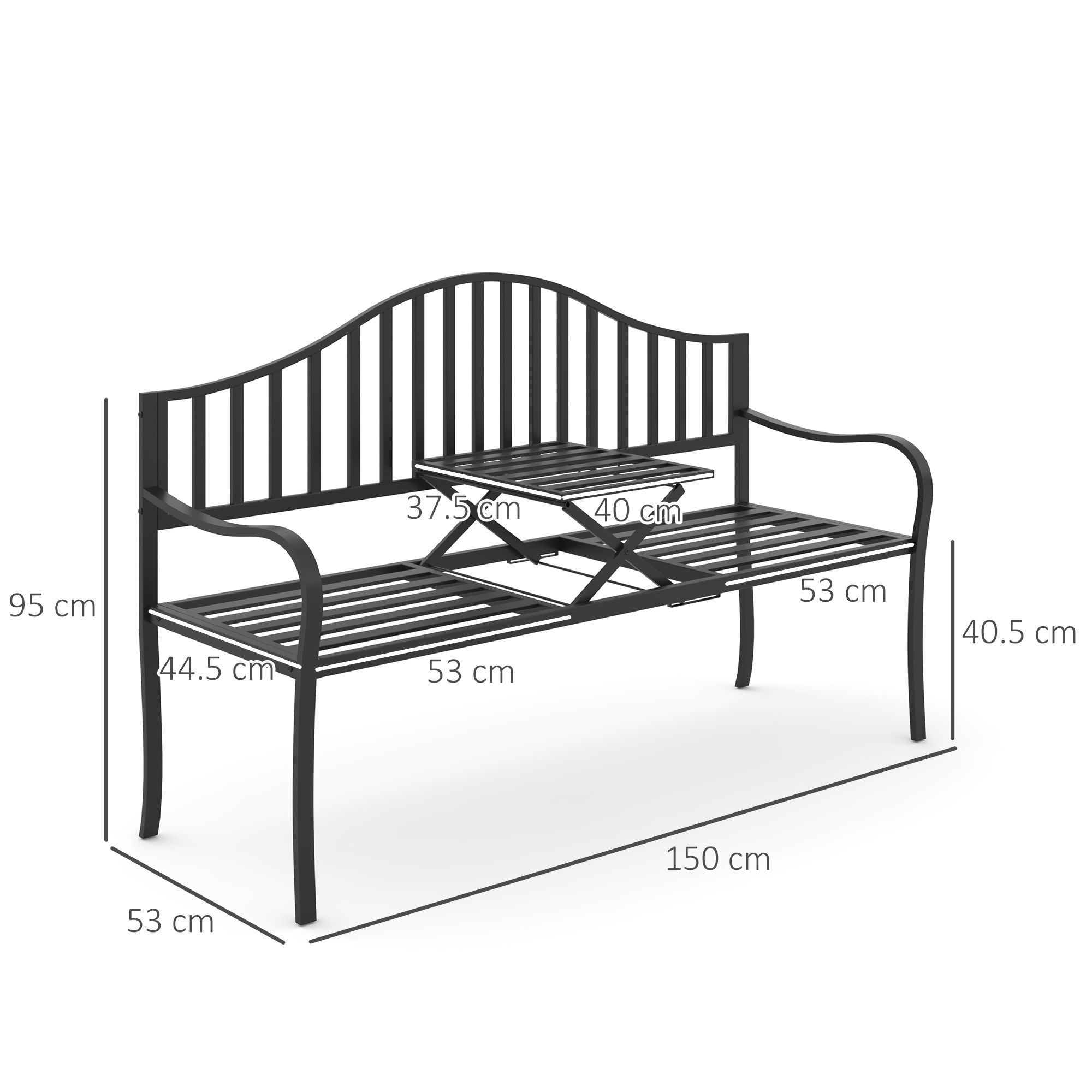 Panca in metallo nero con dimensioni. Tavolino pieghevole centrale. 150x53x95cm.