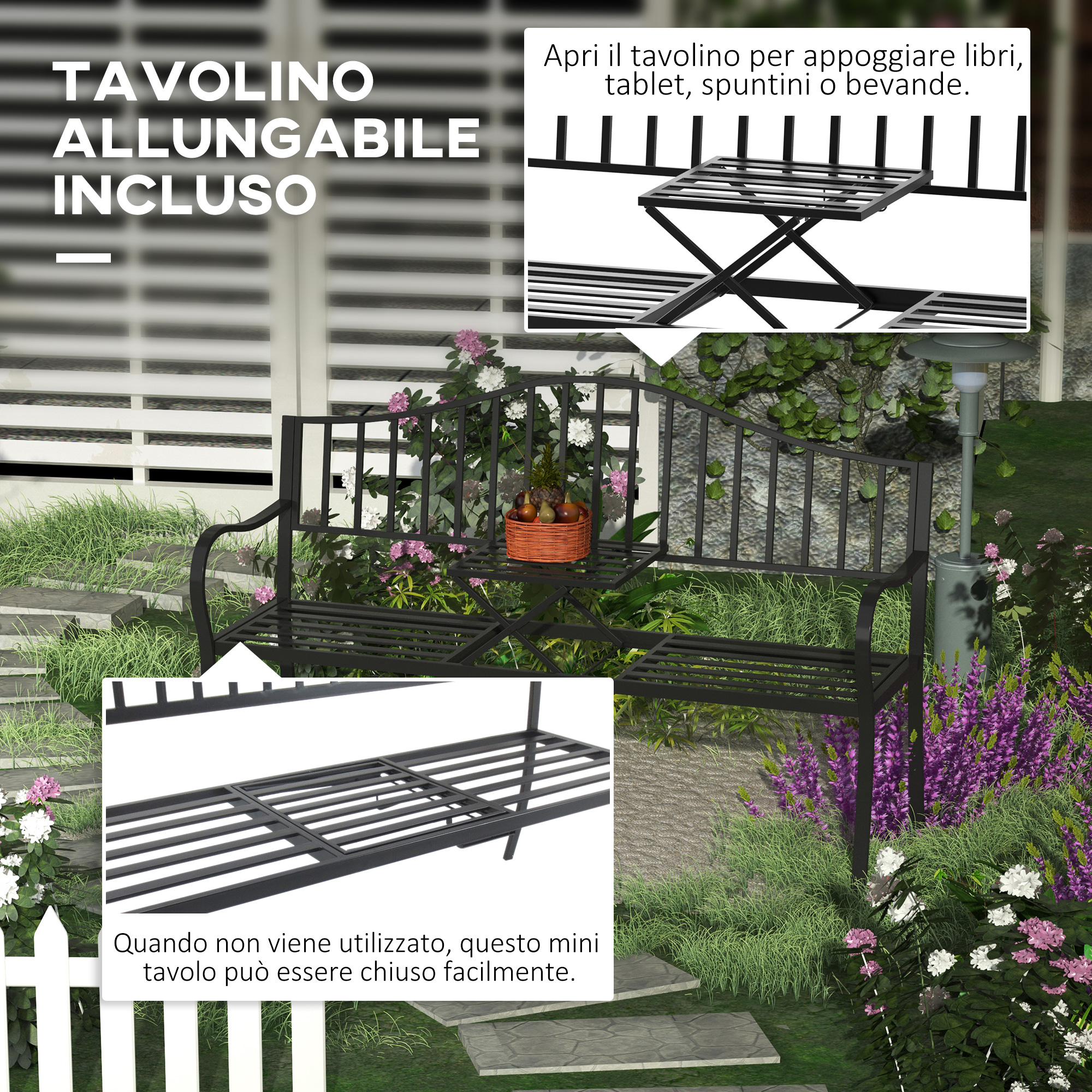 Una panchina da giardino in metallo nero con tavolo estensibile e pieghevole.