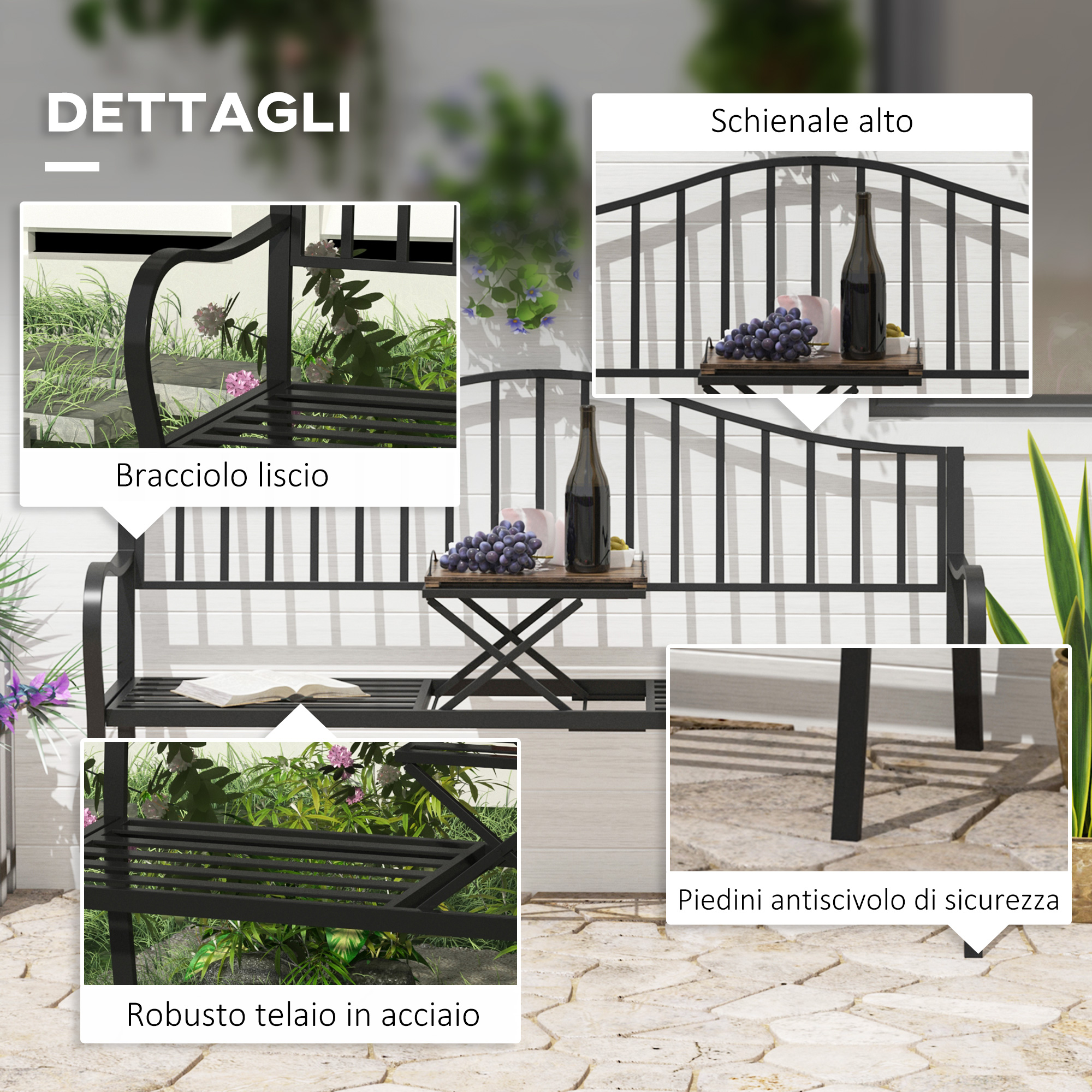 Panca da giardino nera con vino, uva e una bottiglia su un tavolo.