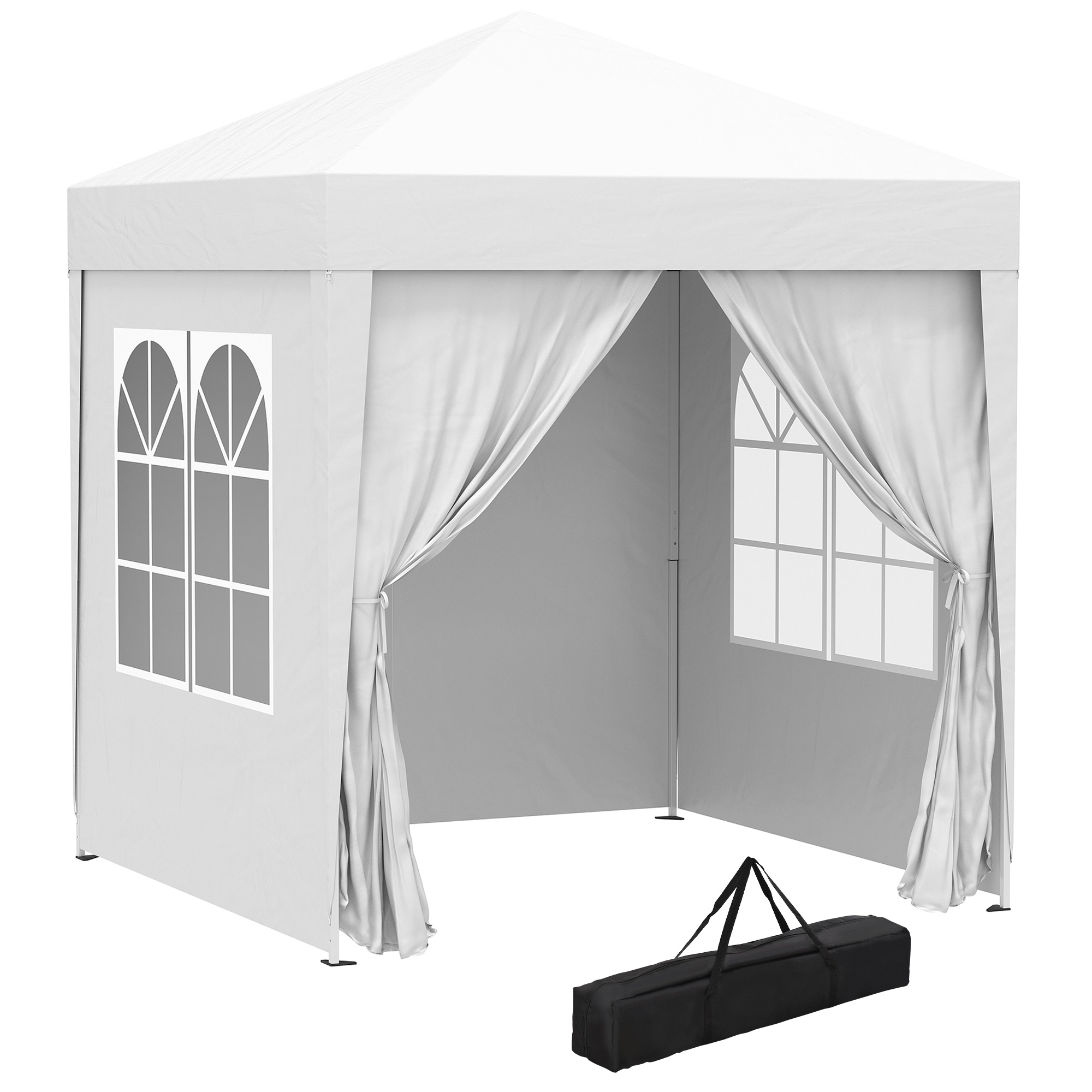 Un gazebo bianco con finestre e tende. Una borsa da trasporto nera  accanto.