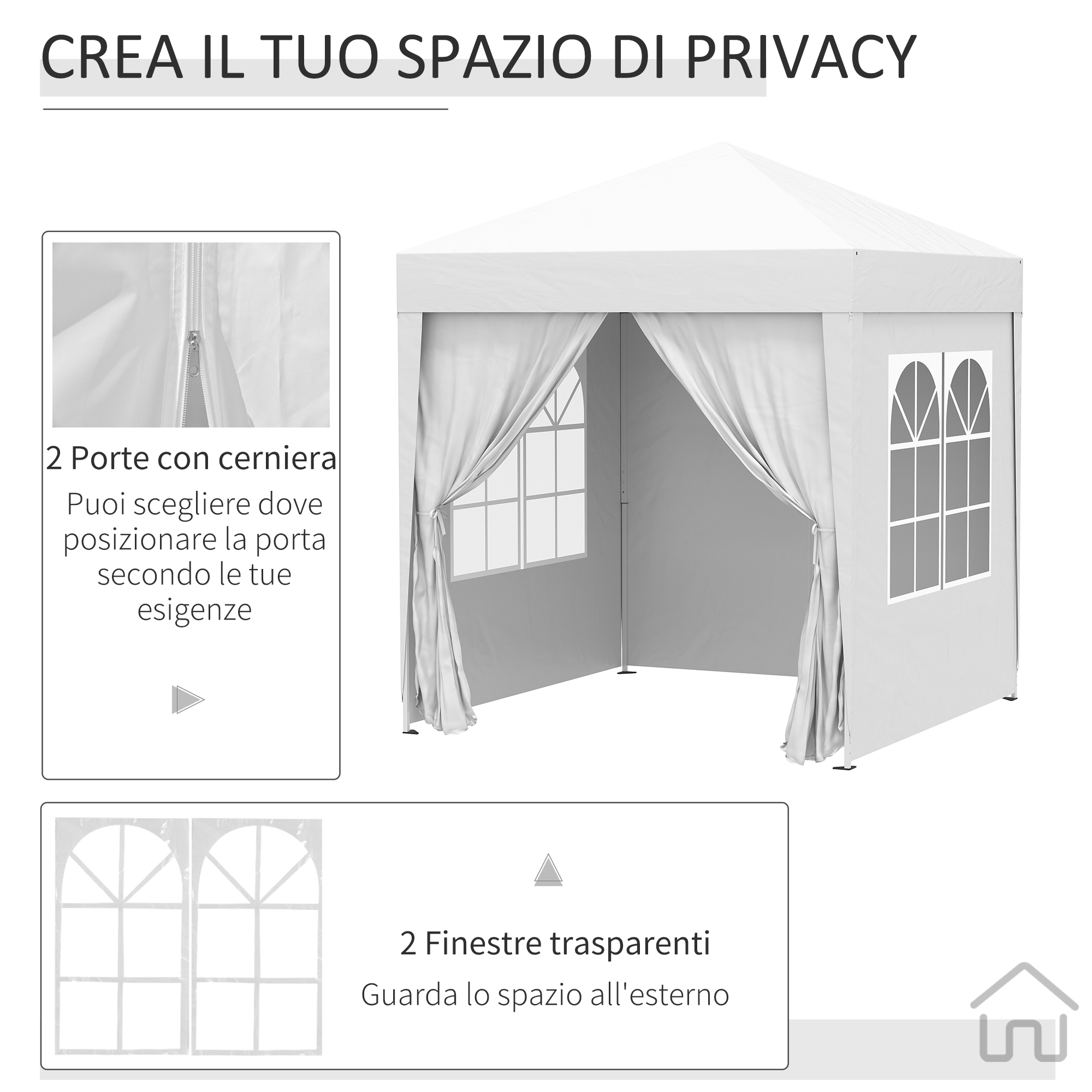 Tenda bianca con finestre e tende. Mostra porta con cerniera e finestre trasparenti.