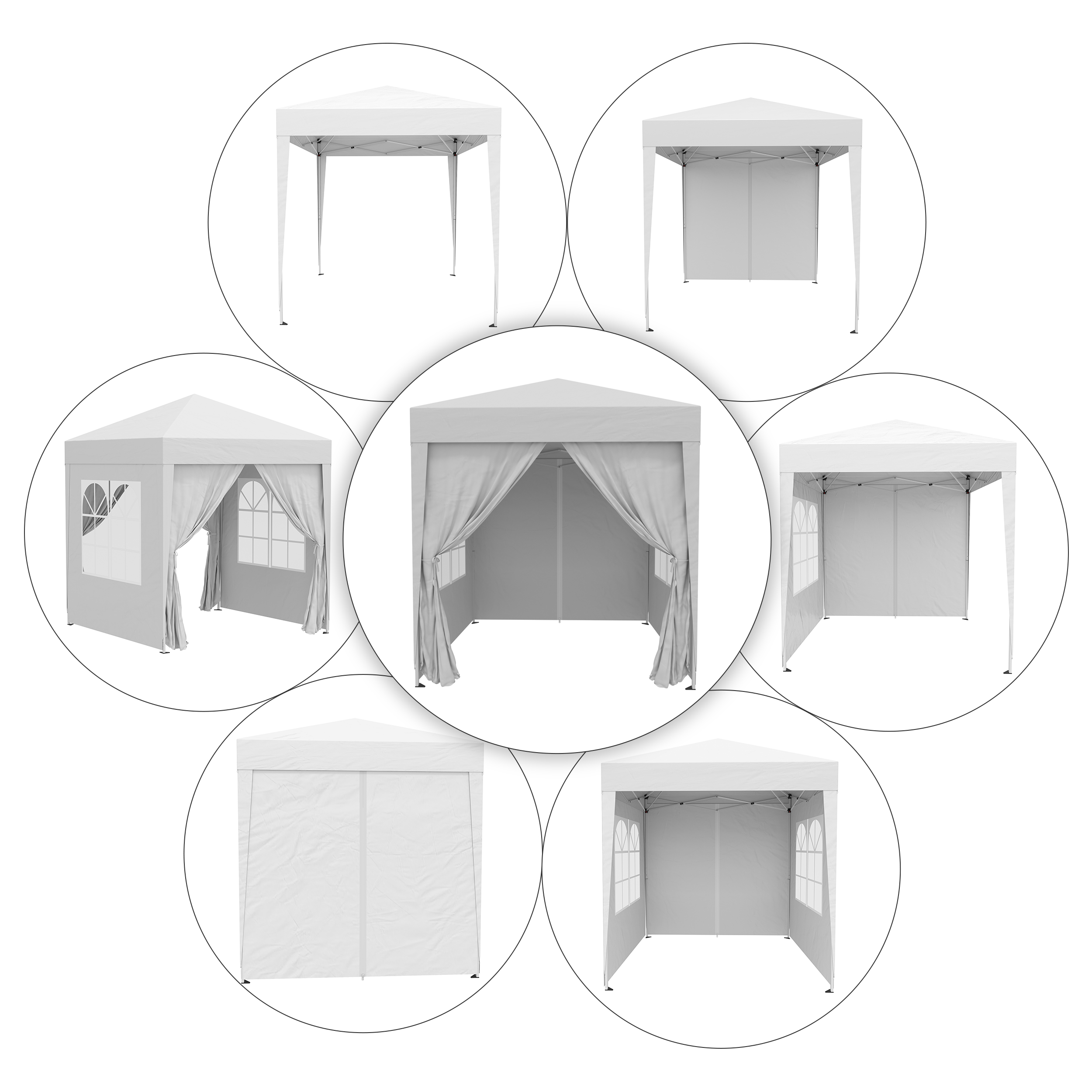Gazebo bianchi mostrati da varie angolazioni, con e senza pannelli laterali.