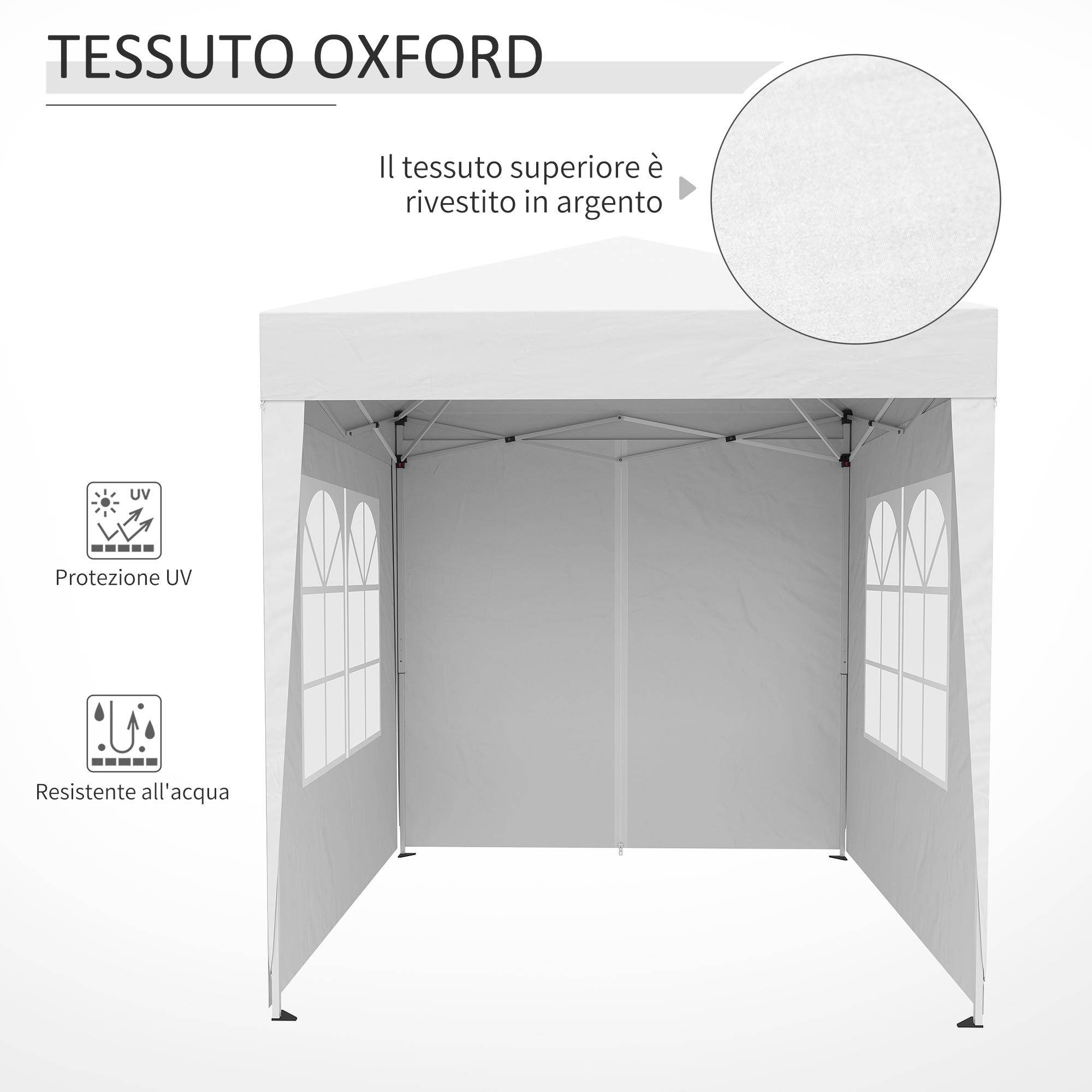 Una tenda bianca in tessuto Oxford argentato con finestre.