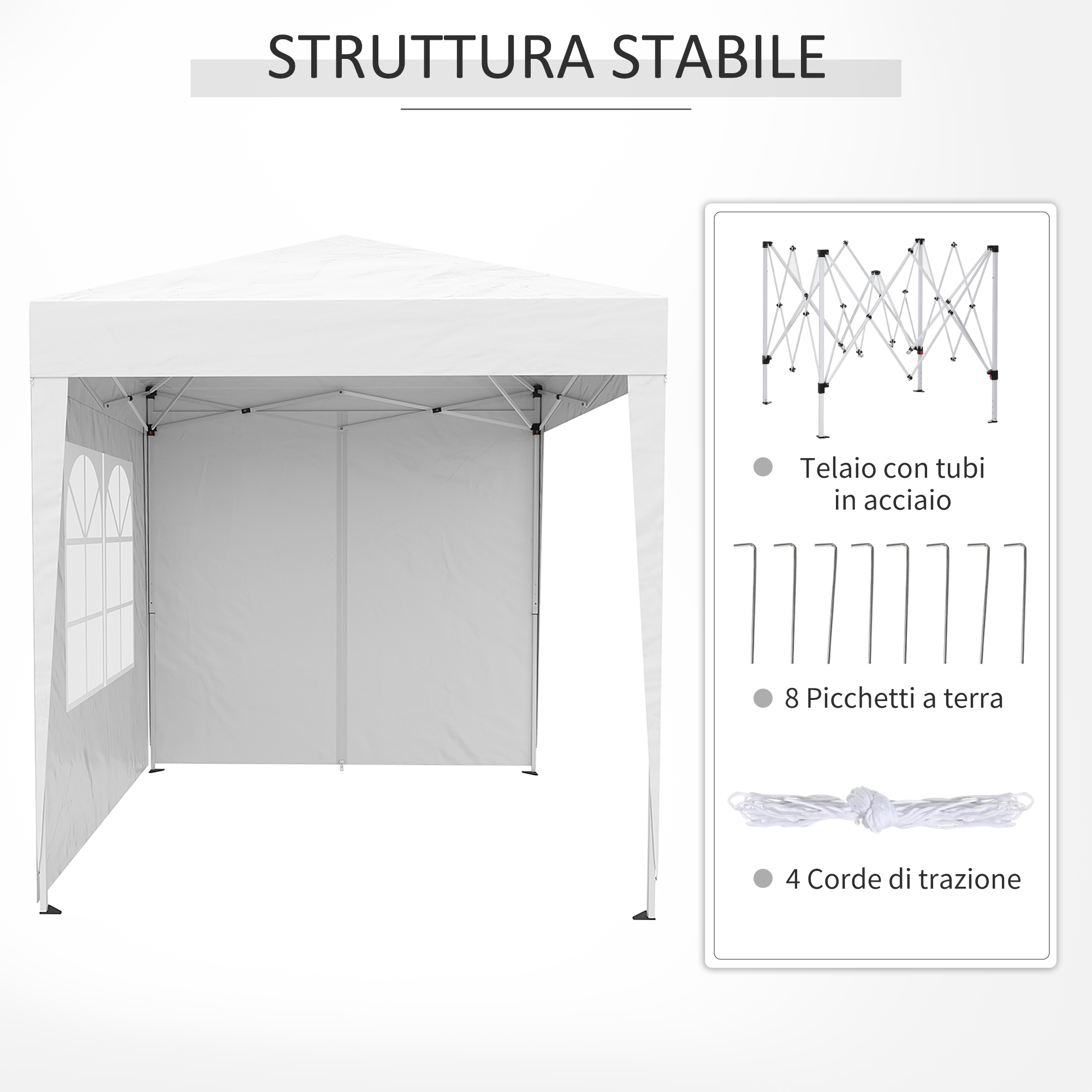 Una tenda bianca con telaio in acciaio, picchetti e corde.