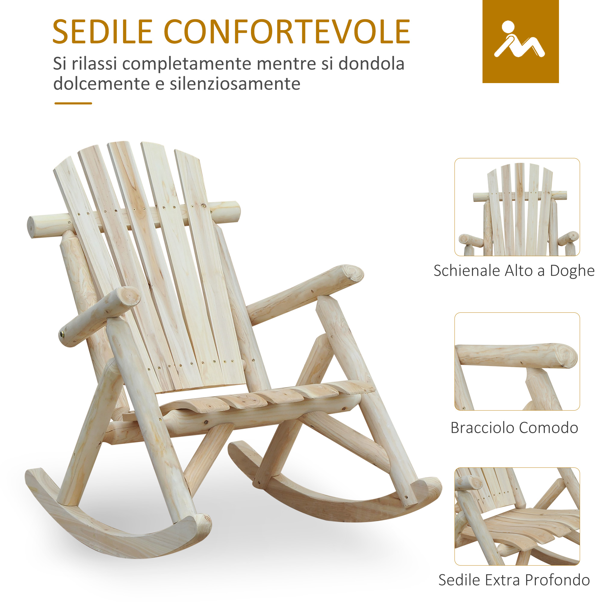 Una sedia a dondolo in legno chiaro con seduta ampia e braccioli.