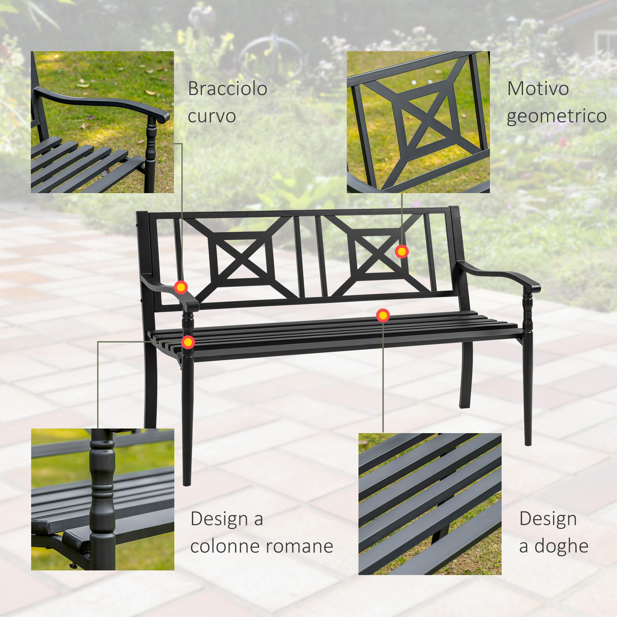 Panca da giardino nera con braccioli curvi e schienale geometrico.
