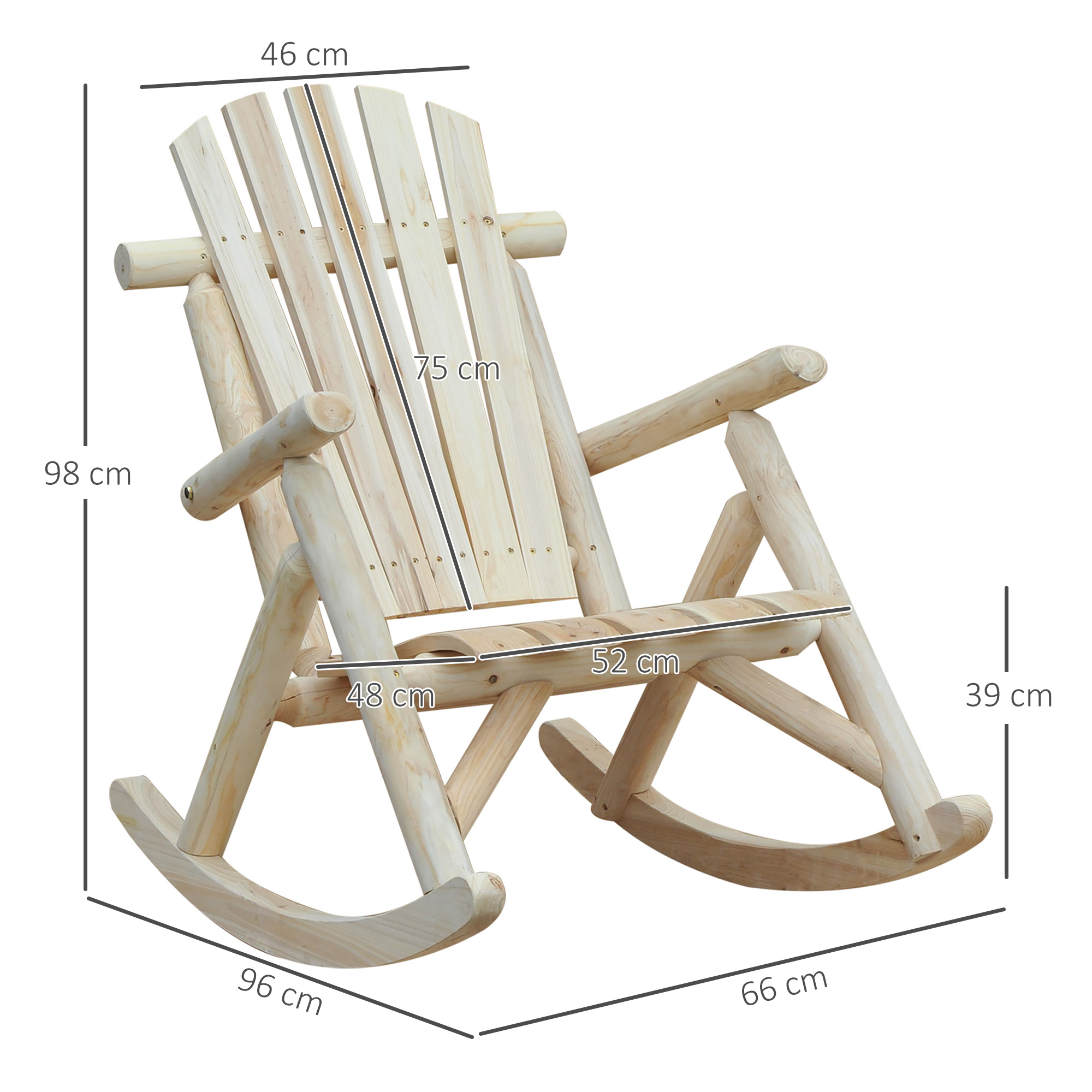 Una sedia a dondolo in legno con dimensioni: 98cm A, 46cm L, 96cm P, schienale 75cm.
