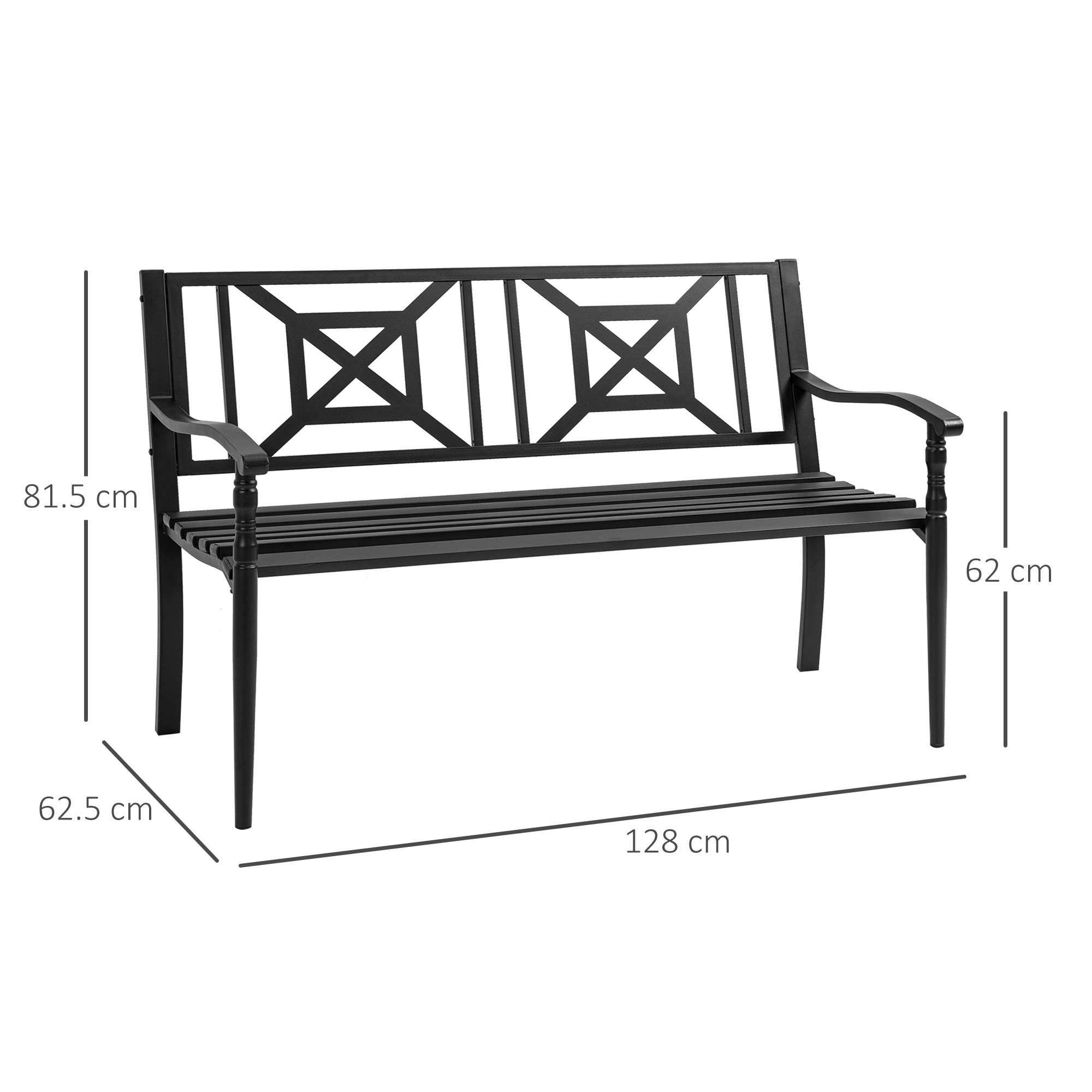 Panca da giardino in metallo nero con seduta a doghe e schienale decorativo. Dimensioni mostrate.