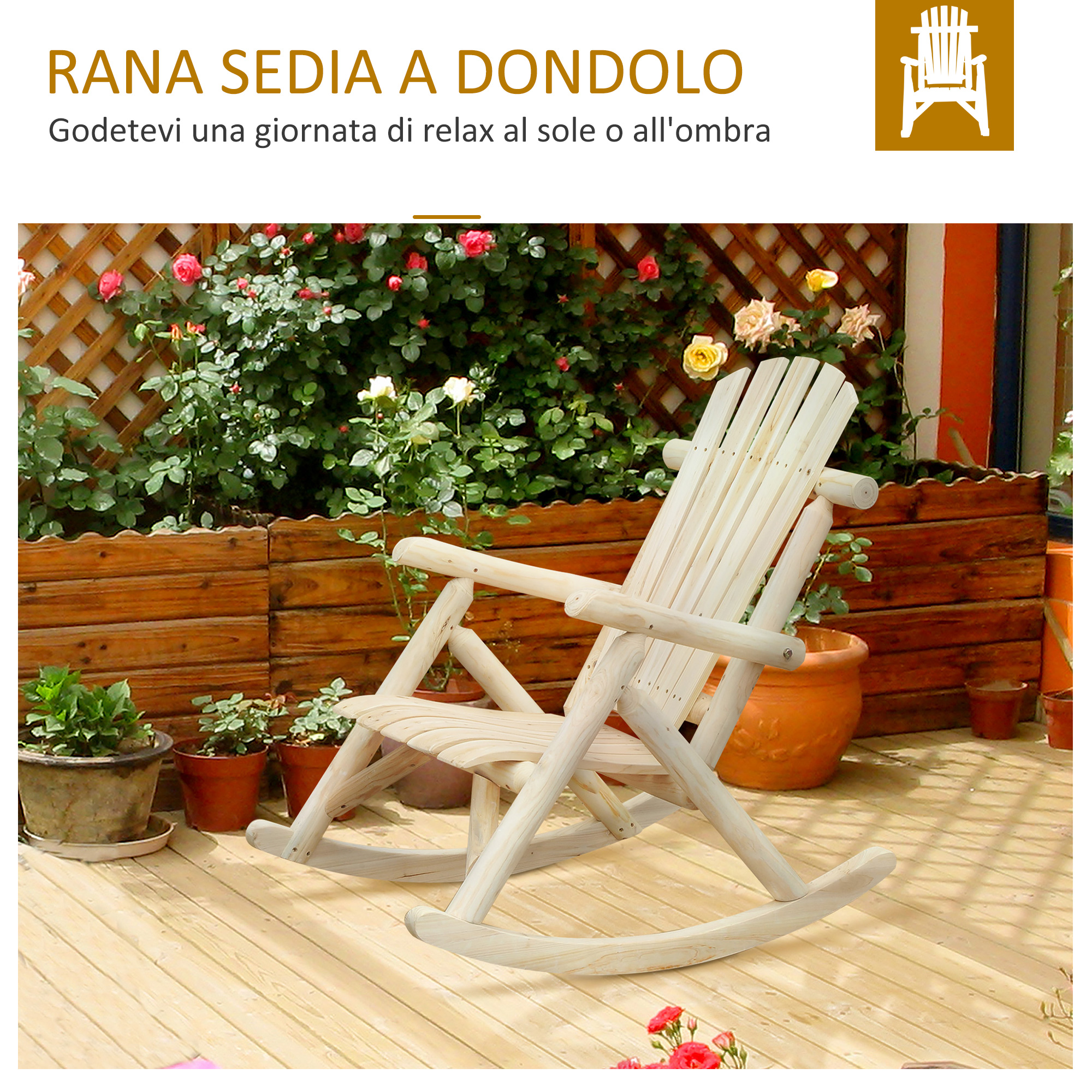 Una sedia a dondolo in legno siede su un ponte di legno accanto a cespugli di rose.