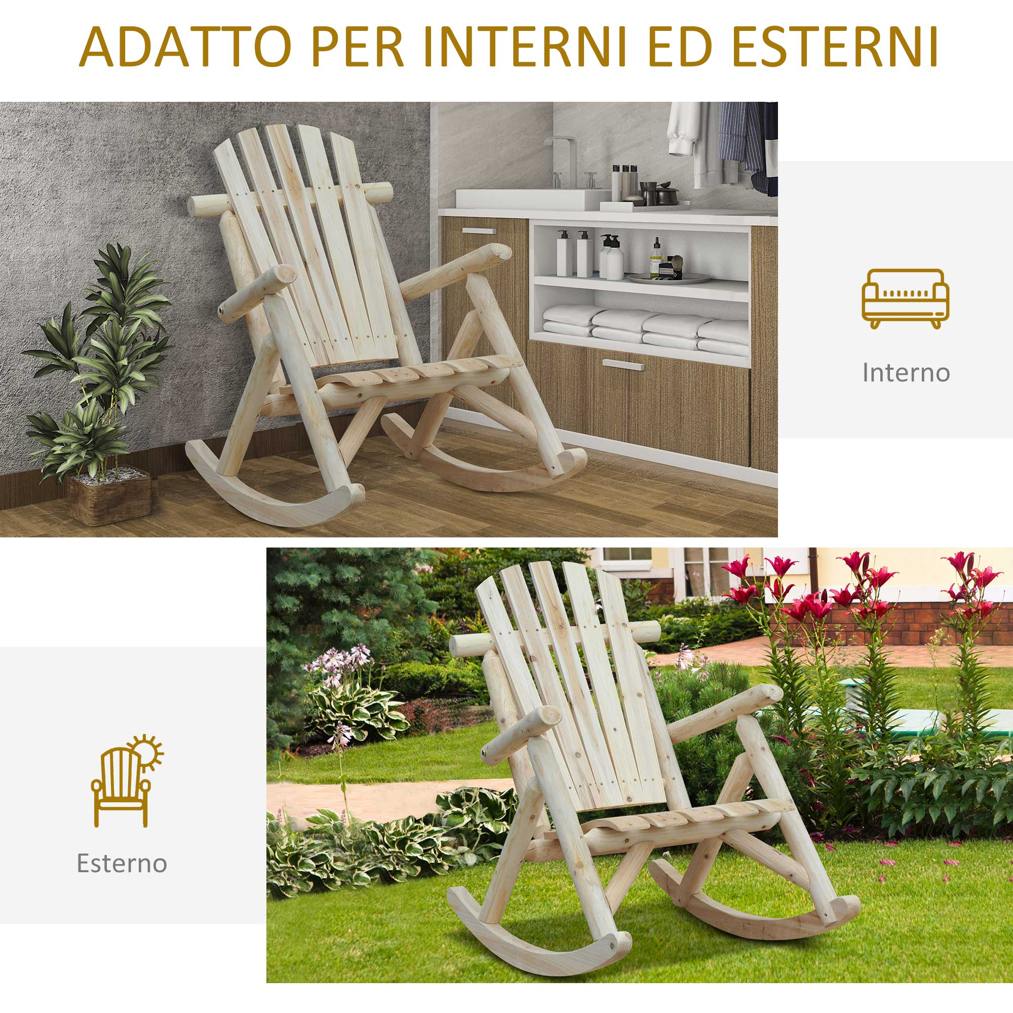 Una sedia a dondolo in legno chiaro è mostrata all'interno e all'esterno. All'interno, una mensola.