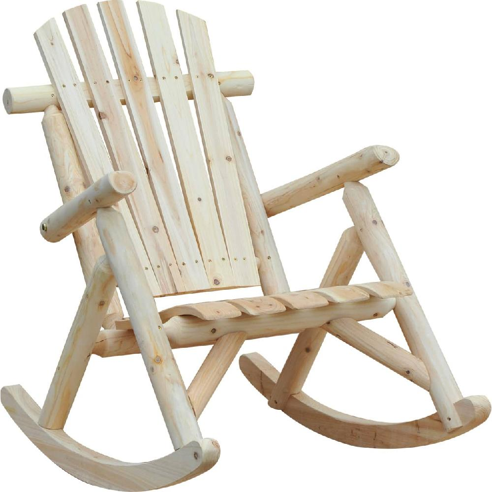 Una sedia a dondolo rustica in legno chiaro con doghe verticali.