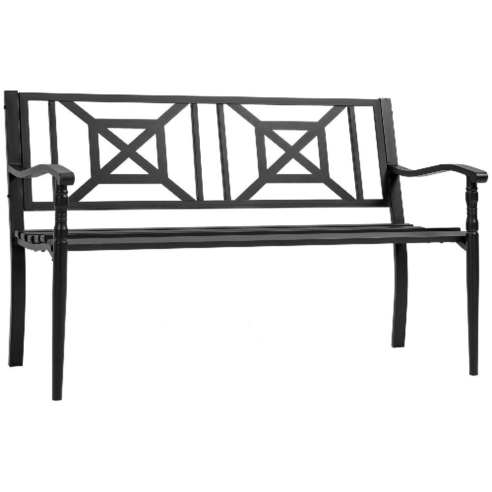 Una panchina da giardino in metallo nero con schienale e braccioli decorati.