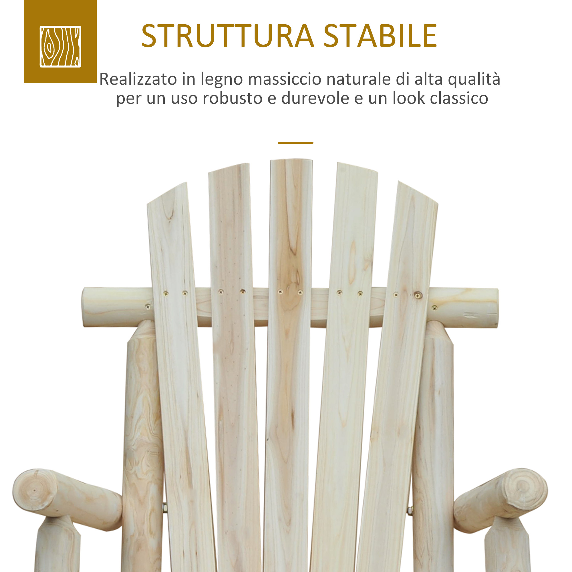 Primo piano di una robusta struttura di sedia in legno con doghe verticali.
