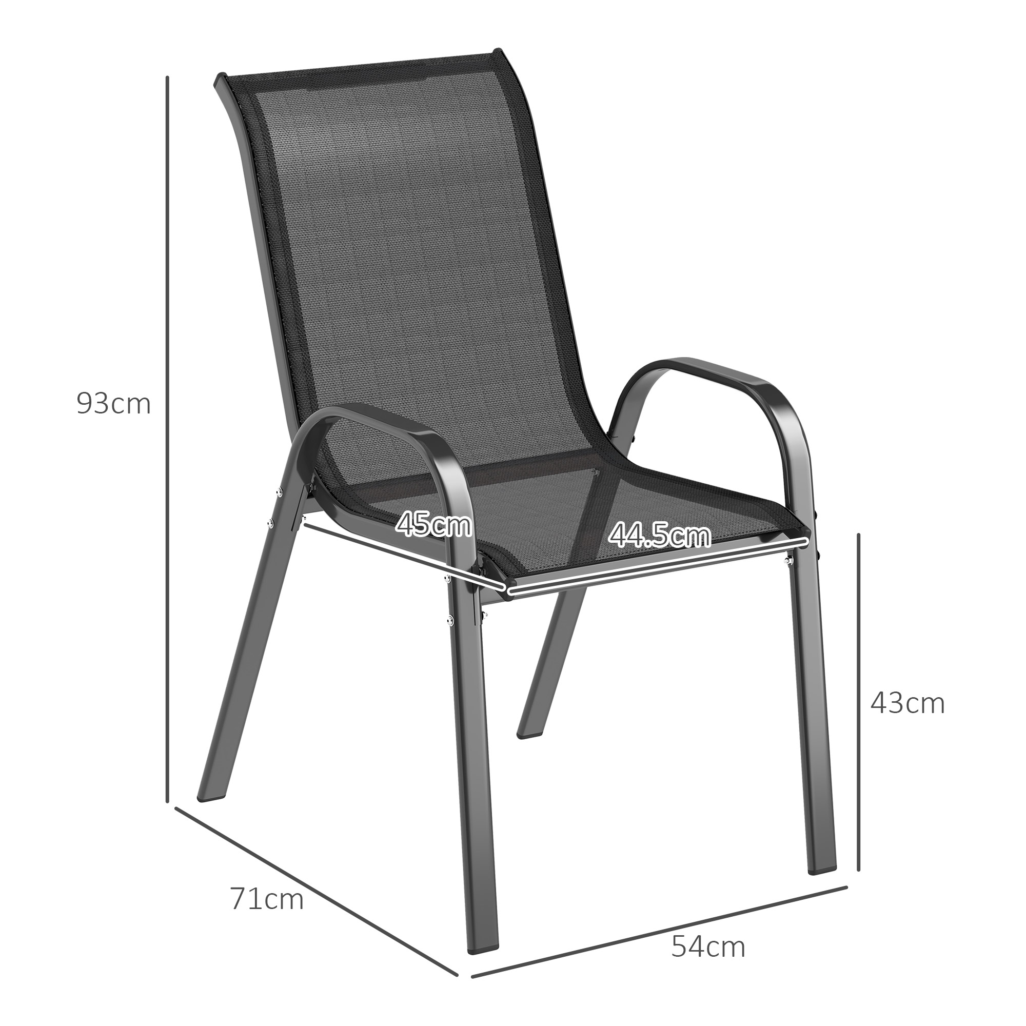 Sedia in metallo grigio con tessuto a rete. Dimensioni: 93x54x71cm, altezza seduta 43cm.