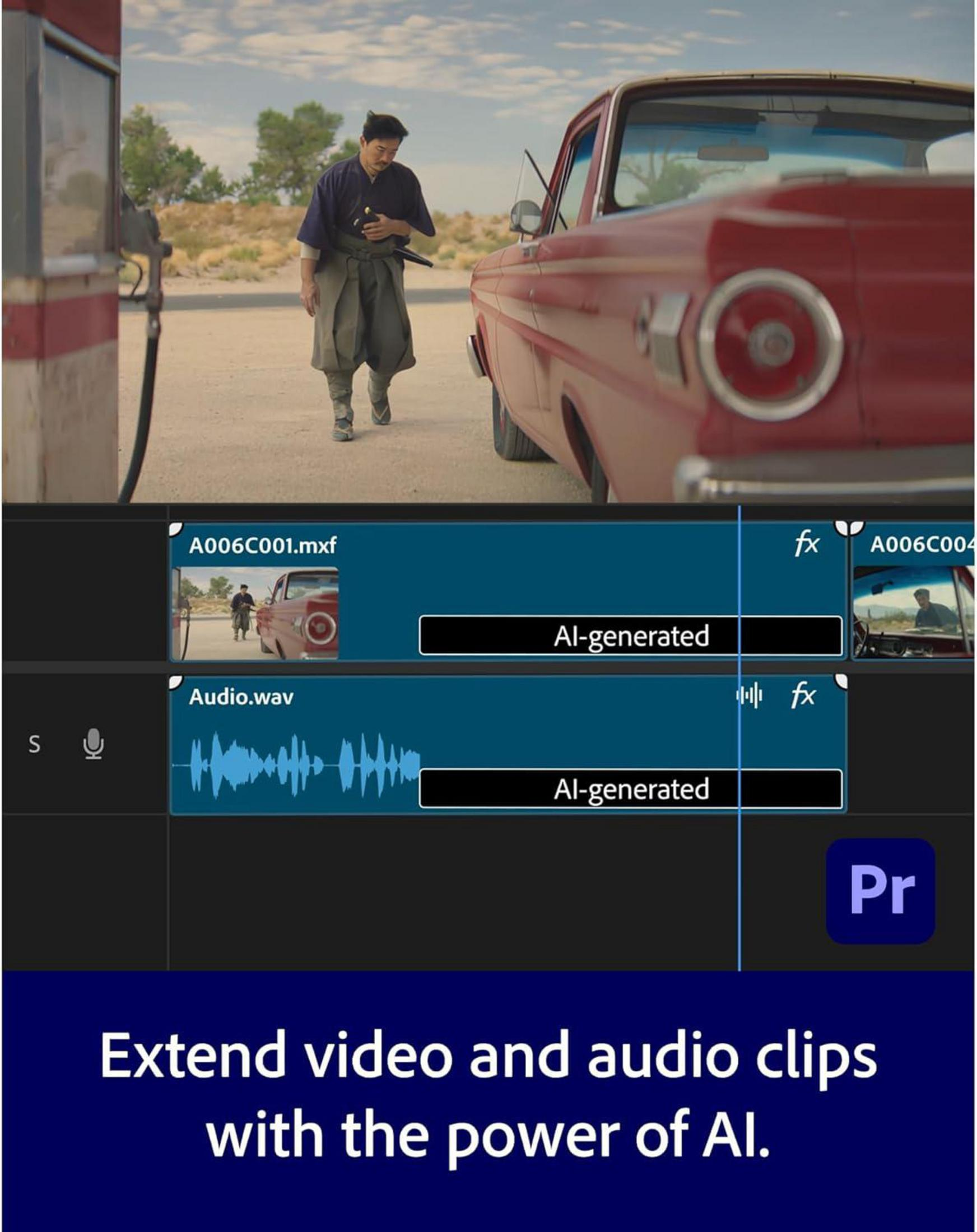 Uomo in abiti tradizionali vicino a auto rossa, software di montaggio video.