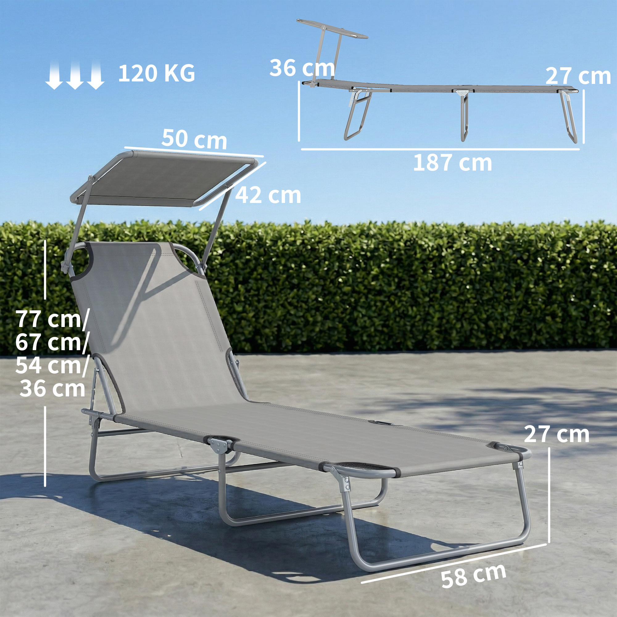 Sdraio grigio con parasole, dimensioni indicate. Portata 120 kg.