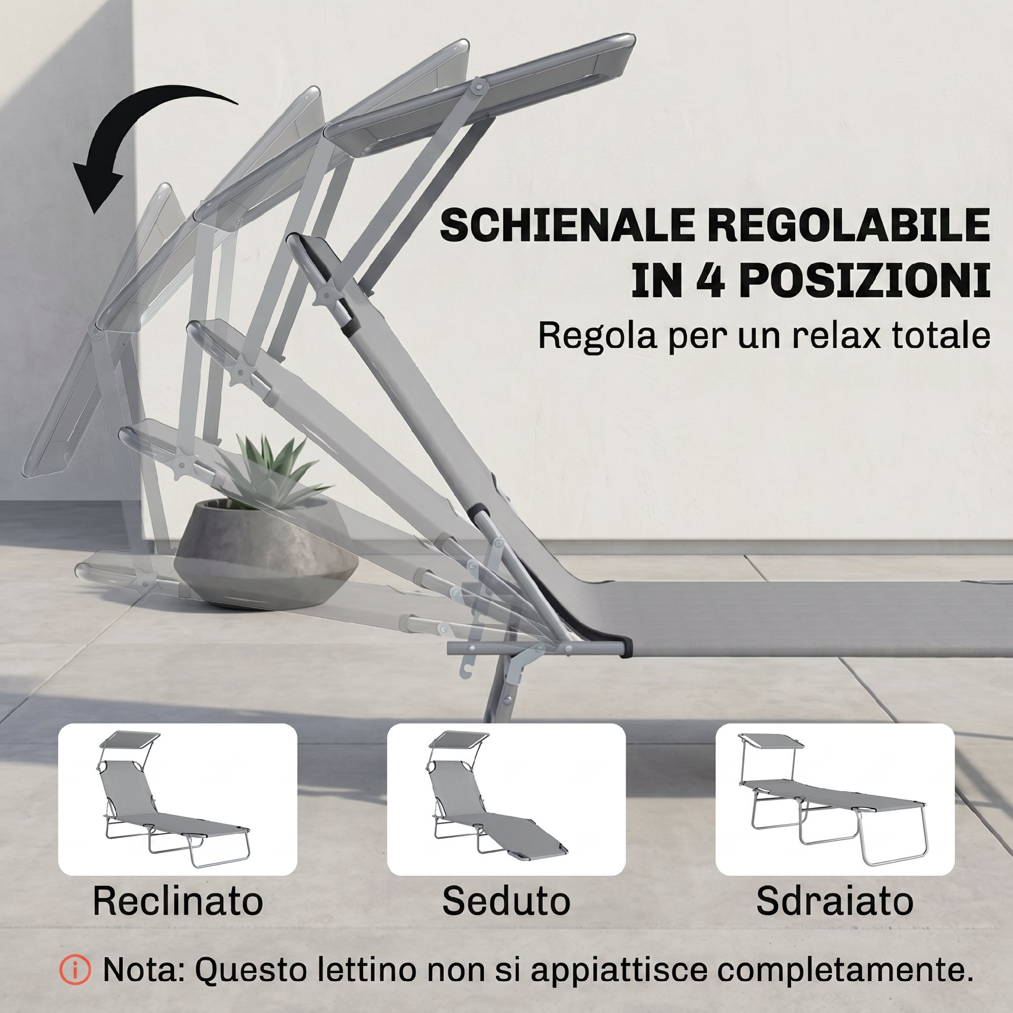 Schienale regolabile in 4 posizioni. Sdraio grigio con schienale regolabile.